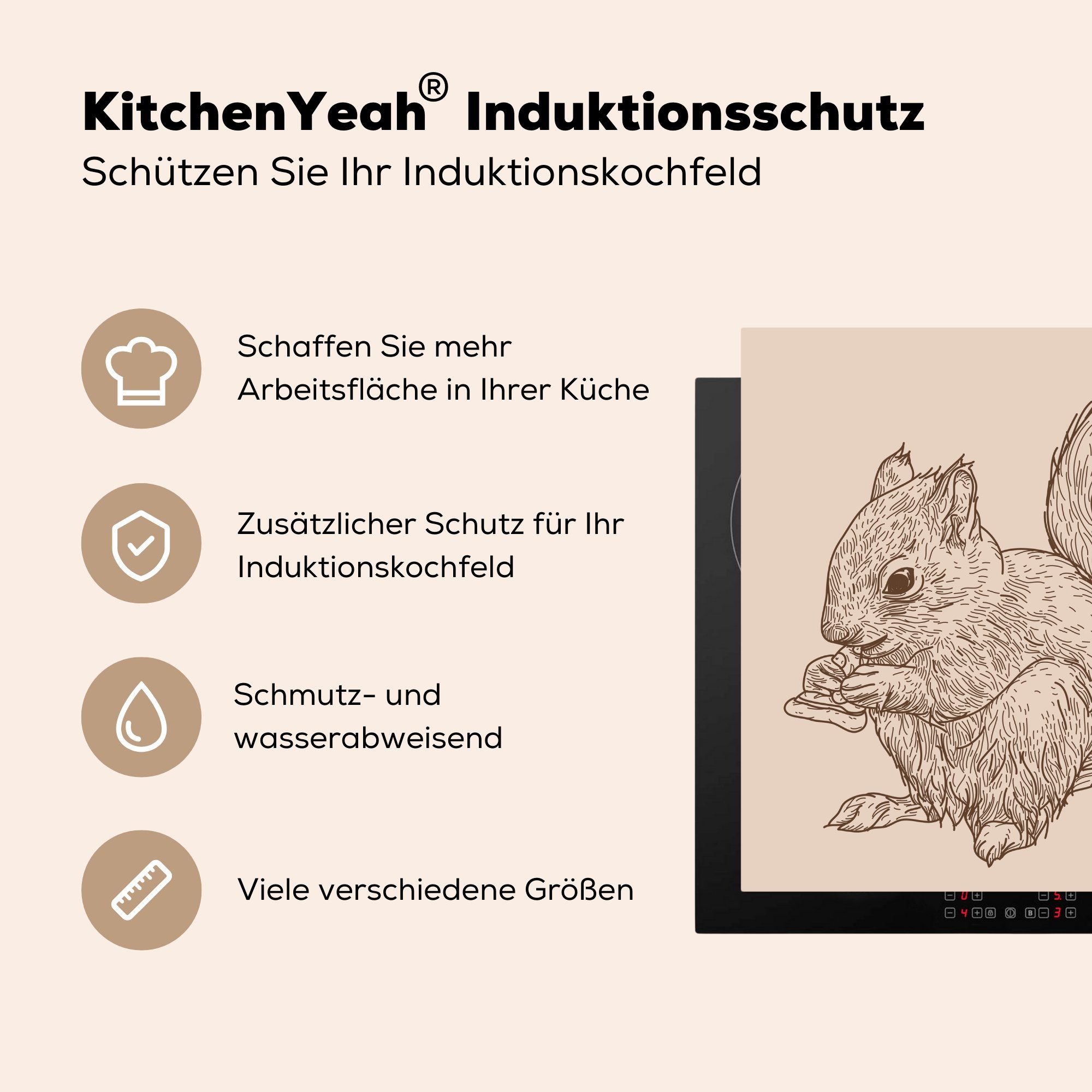 (1 cm, küche Arbeitsplatte tlg), das Herdblende-/Abdeckplatte eines MuchoWow für Illustration Ceranfeldabdeckung, 78x78 isst, Eine Pizza Vinyl, Eichhörnchens,