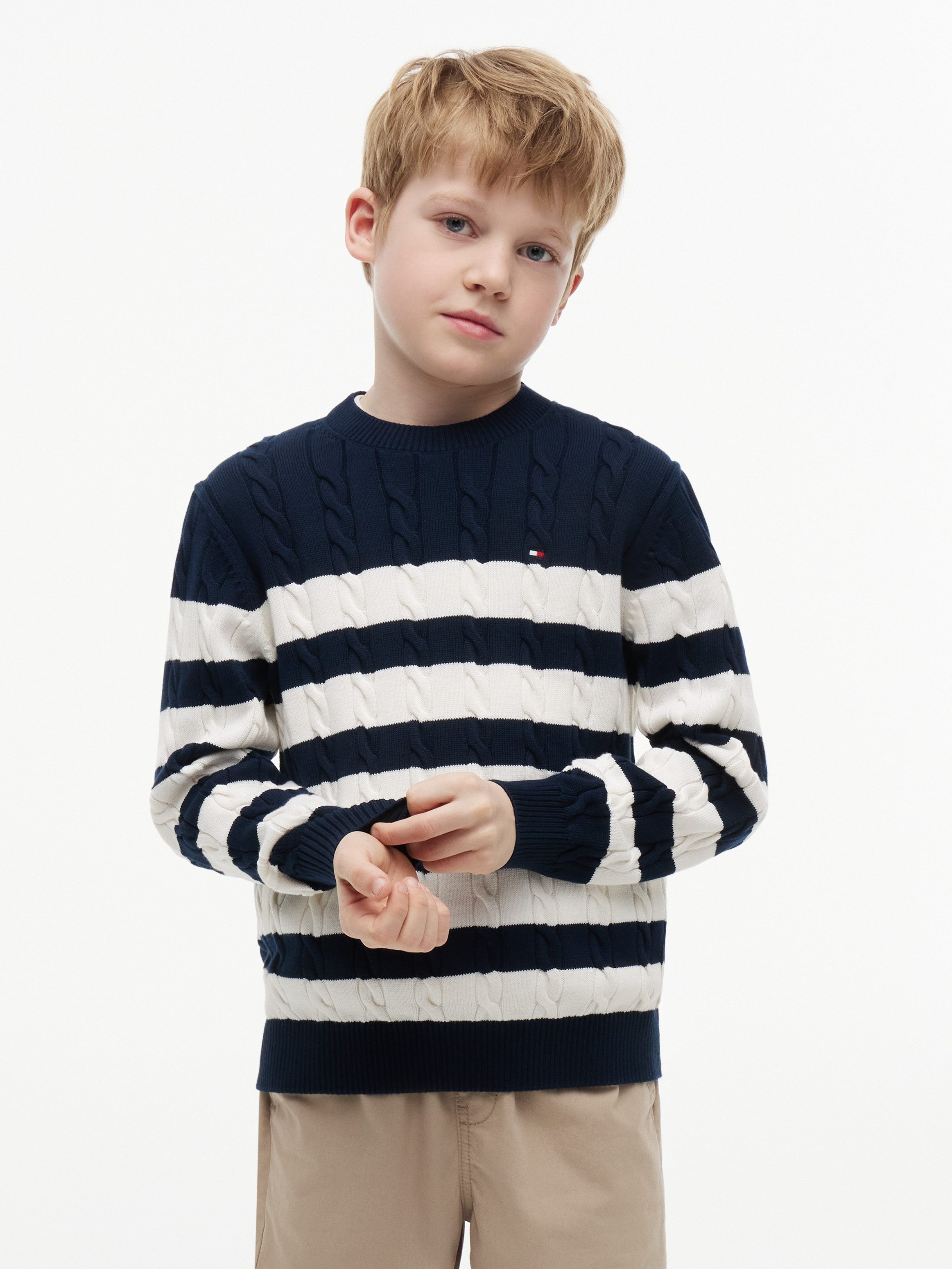 Tommy Hilfiger Strickpullover COTTON CABLE SWEATER Rundhalsausschnitt, Regular Fit, Kinder bis 16 Jahre