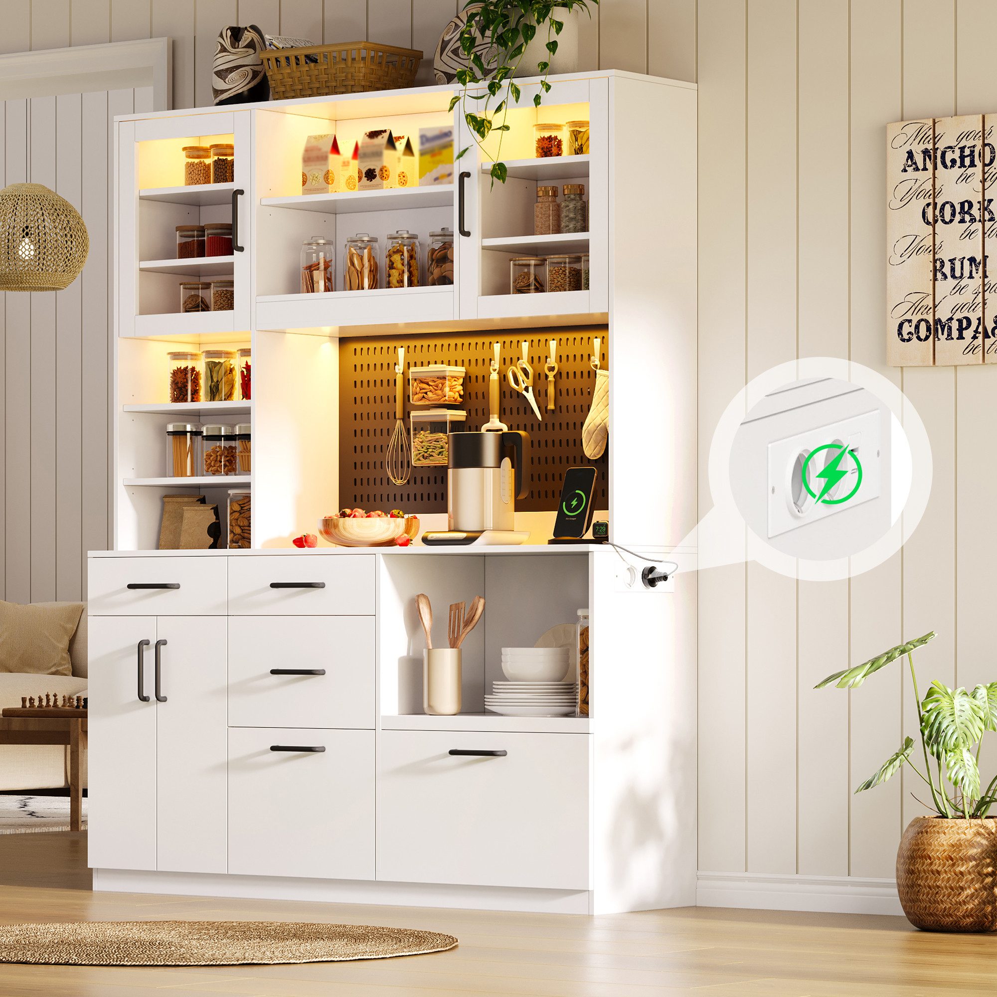 Flieks Küchenbuffet Hochschrank mit Arbeitsplatte, LED-Beleuchtung, Lochplatte, Steckdosen (B145/T40/H185 cm, 1-St) Küchenschrank Mehrzweckschrank mit verstellb – Bild 2 von 5
