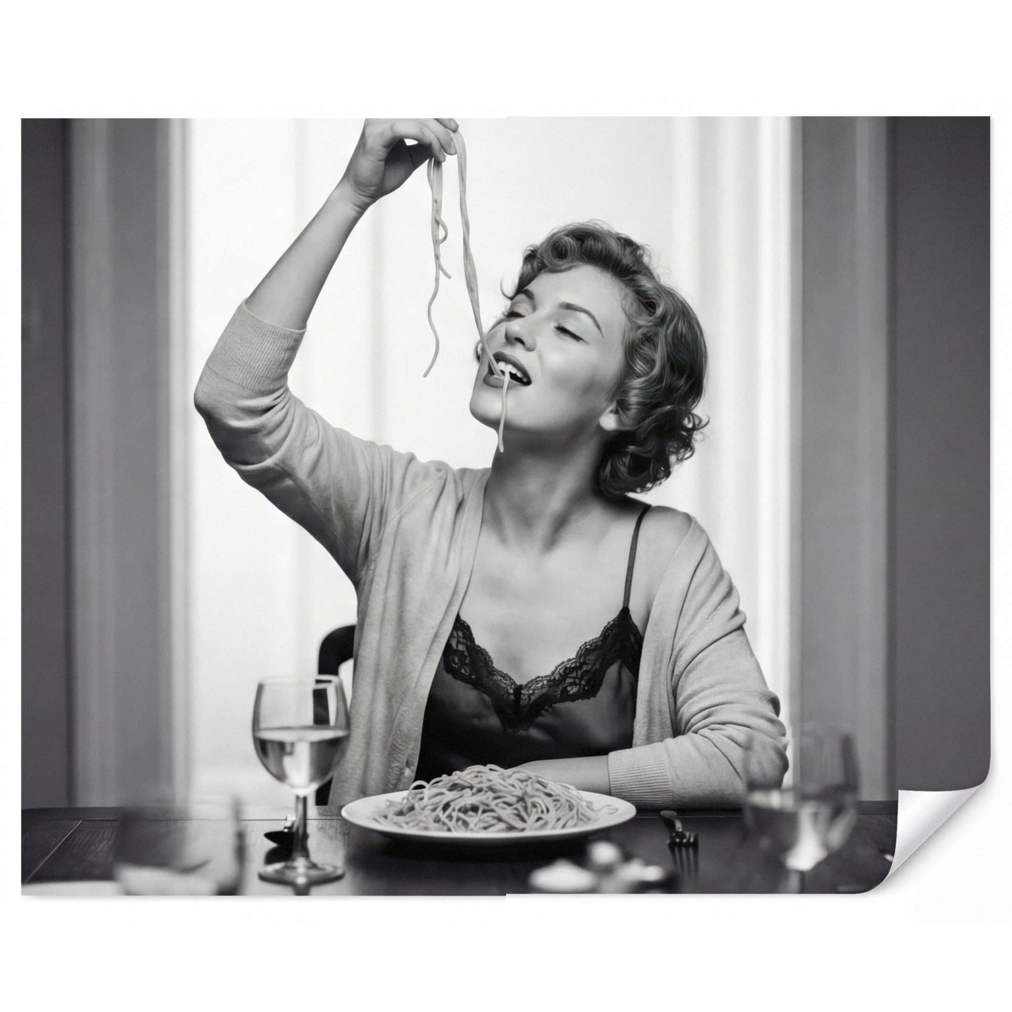 OnlyWow Fototapete Frau - Spaghetti - Schwarz - Weiß, Matt, bedruckt, Wanddekoration, Wandtapete, Schlafzimmer 260x220cm
