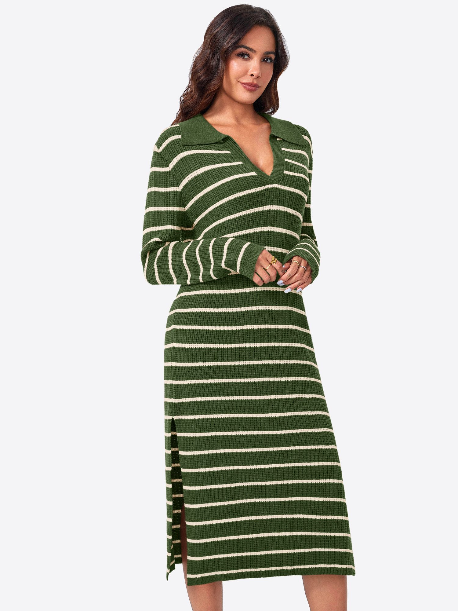 Imily Bela Strickkleid gestreifter, Damen langer Strickpullover (Packung, 1-tlg., 1per-Pack) Reverskragen,Rippstrick