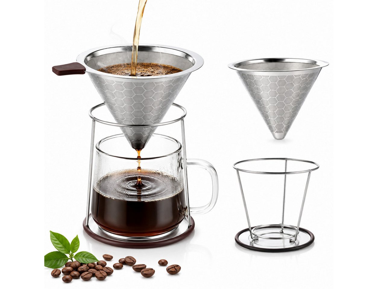 VEKROBOT Permanentfilter Edelstahl Kaffeefilter doppelwandig, Handfilter für gemahlenen Kaffee, Edelstahl, Filterpapierfreier Trichter