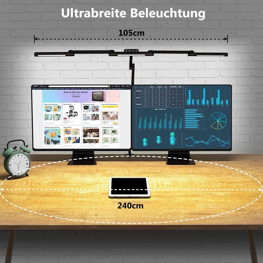 Rosnek LED Tischleuchte 24W, 105 cm, transformierbar, ultrahell, für Architekten Büro Heim, 3000K, 3500K, 4000K, 5000K, 6500K, 5 Farbtemperaturen, mit Klemme Klemmlamp
