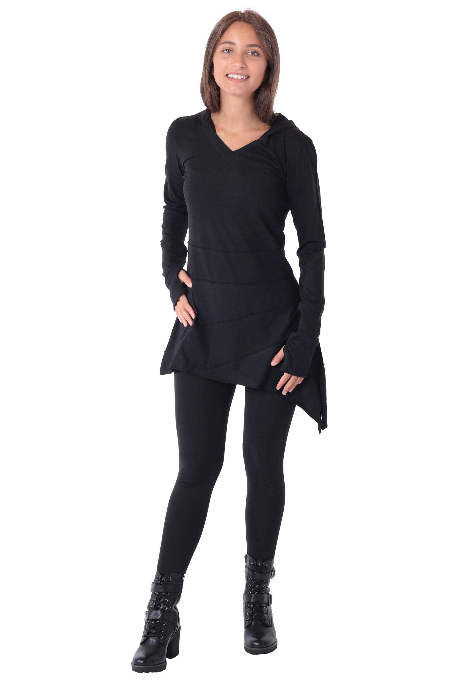PUREWONDER Tunikakleid Longshirt Tunika aus leichter Baumwolle mit Zipfelkapuze d60 Schwarz S Tunika mit Zipfelkapuze