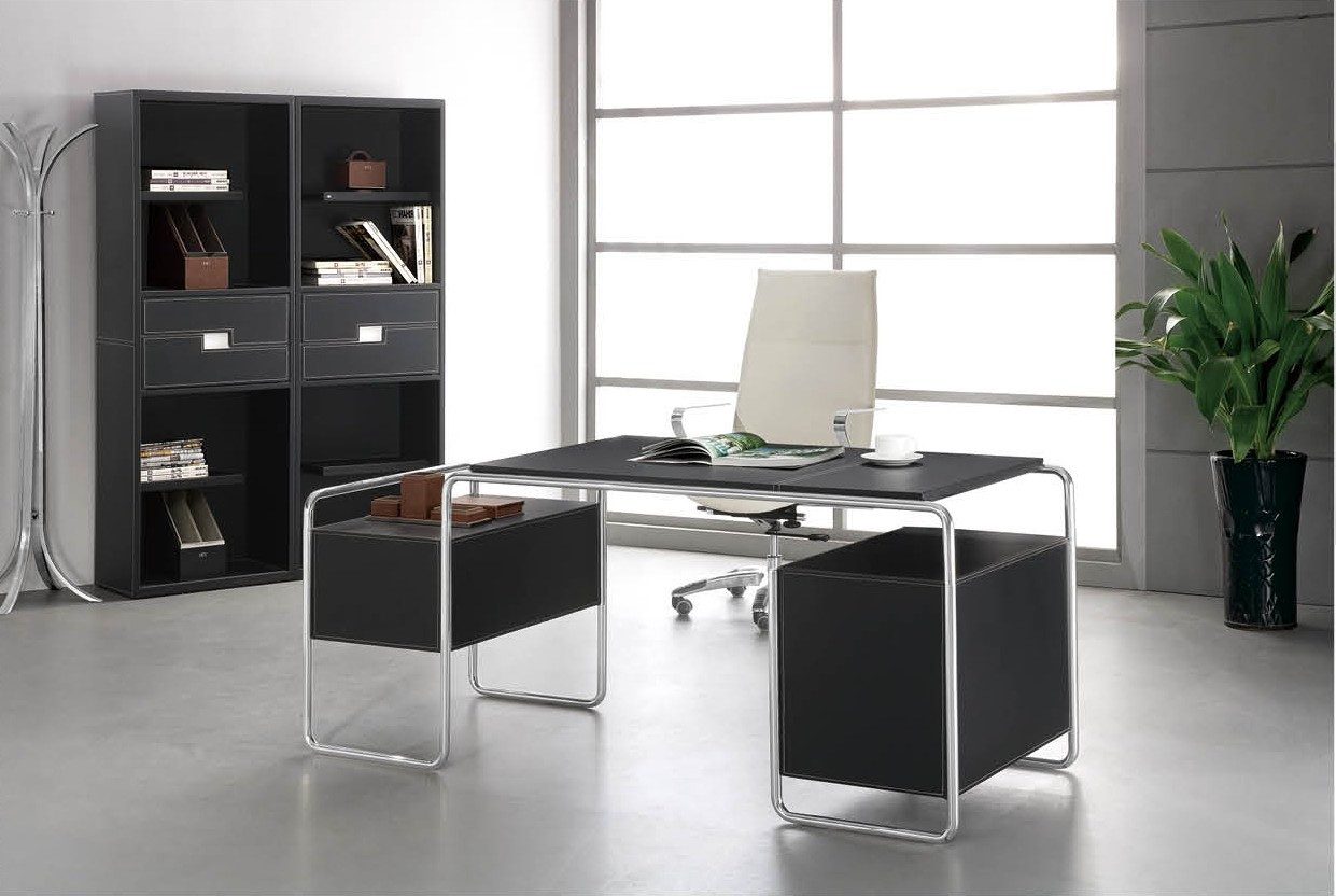 Xlmoebel Büromöbel-Set Schreibtisch und Aktenschrank aus MDF und Edelstahl schwarz, Made in Europa