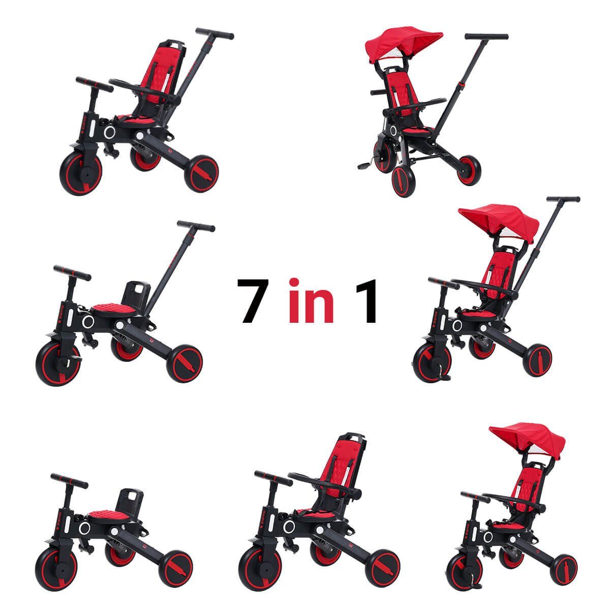 ZIZITO Dreirad Dreirad ab 2 Jahre 7 in 1 Kinder Dreirad mit Schubstange  Trike Kinder Fahrrad Dreirad Baby Junge Geschenk (Rot)