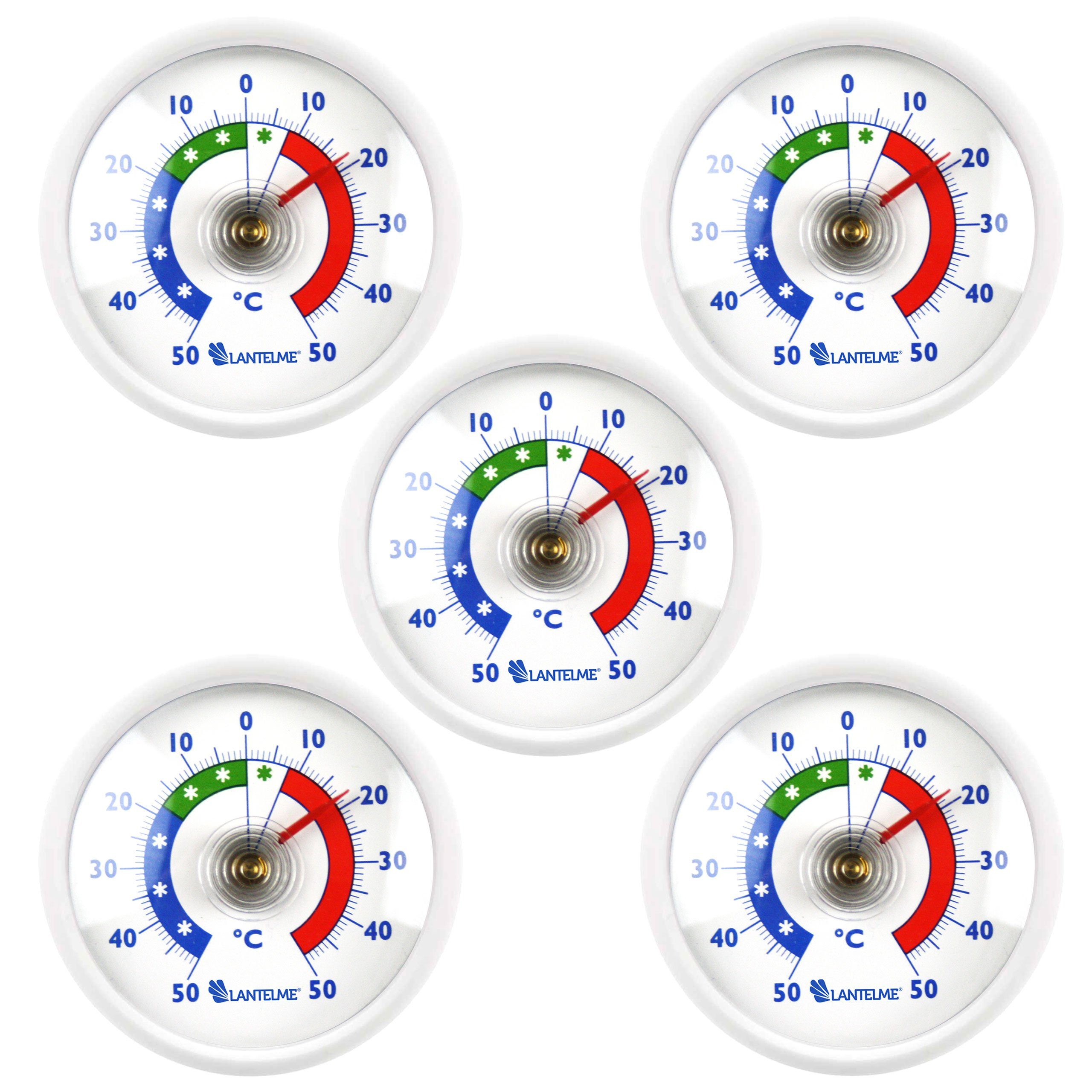 Lantelme Kühlschrankthermometer 5 Stück Set Selbstklebend Gefrierschrank Kühltheken Thermometer, 5-tlg., mit Klebepads im Set, Deutsche Herstellung, Farbliche Skala, Temperauranzeige + - 50°C