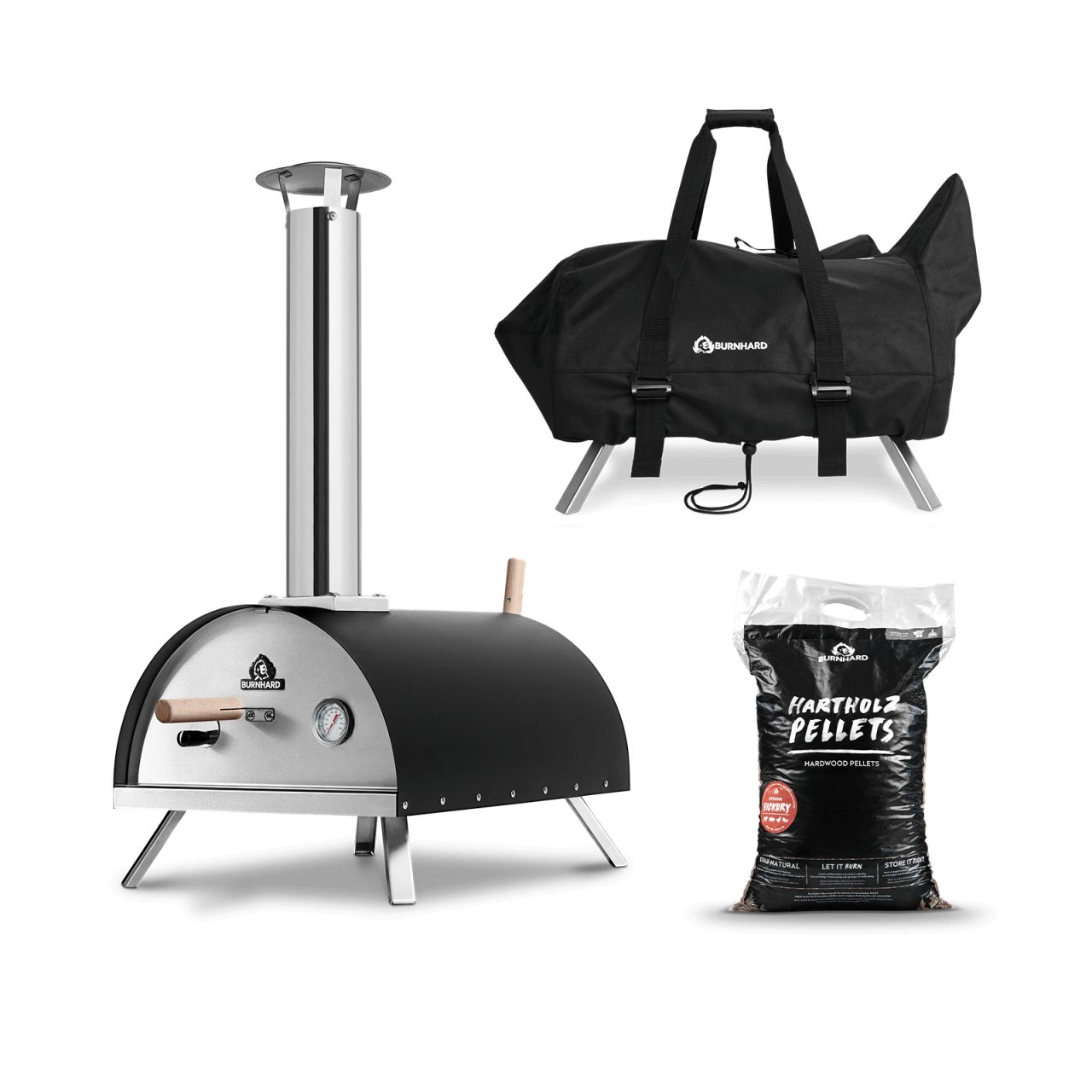 BURNHARD Pizzaofen Outdoor NERO, bis 500°C inkl. Abdeckhaube & 10 kg Holzpellets