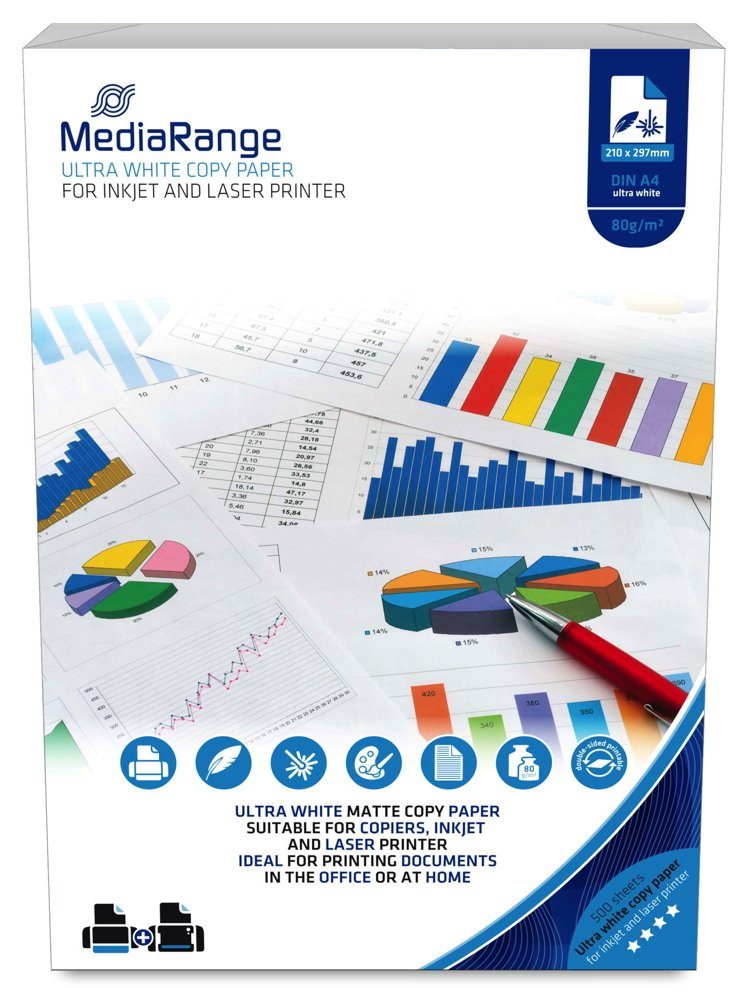 Mediarange Drucker- und Kopierpapier 500 Mediarange Blatt Kopierpapier DIN A4 beidseitig 80g/m² hochweiß