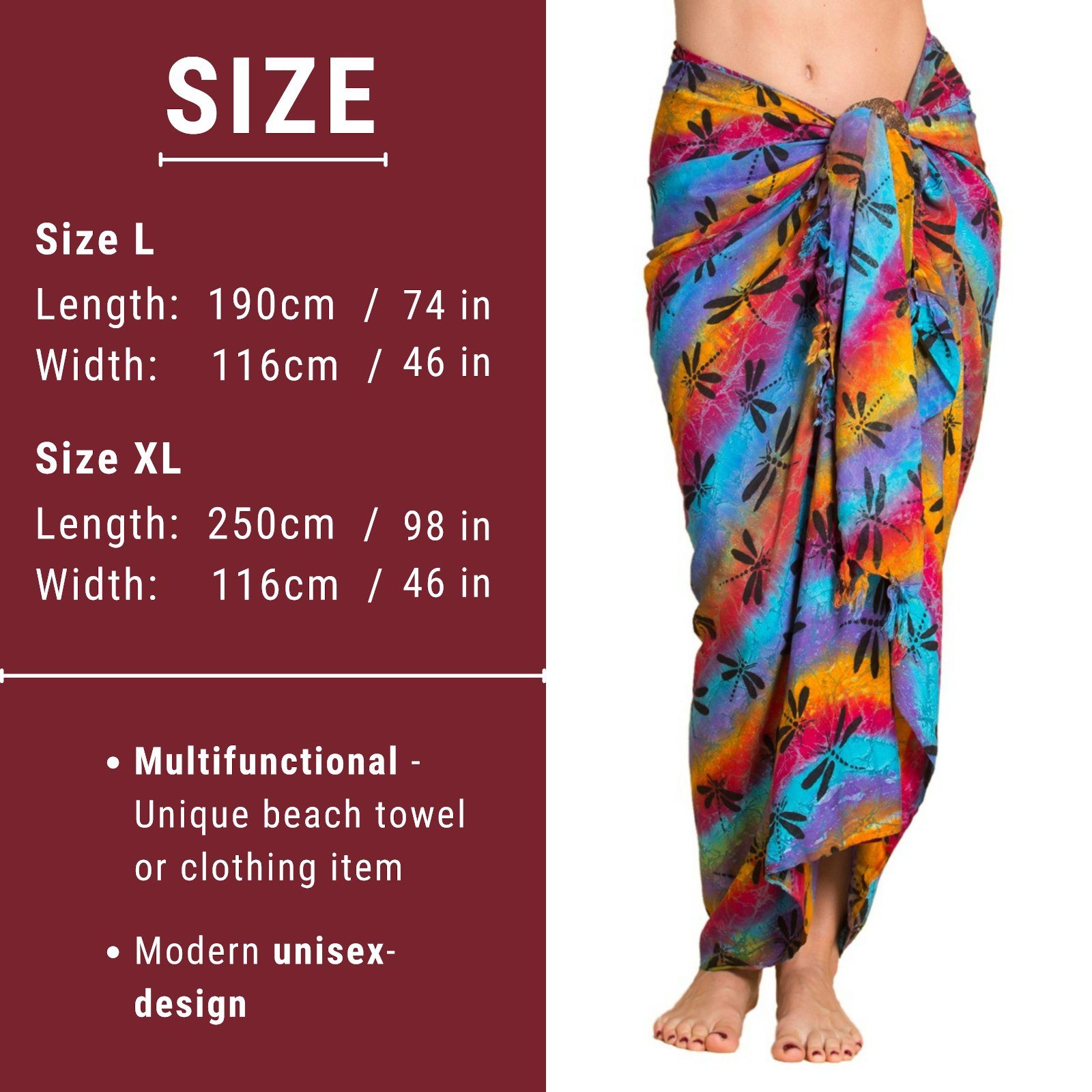 Strand Wrap Tuch Bikini als tragbar Cover-up für oder, Strandtuch PANASIAM großen den Pareo auch Größen Libelle Strandkleid Bunt Wachsbatik B011 Sarong in Überwurf