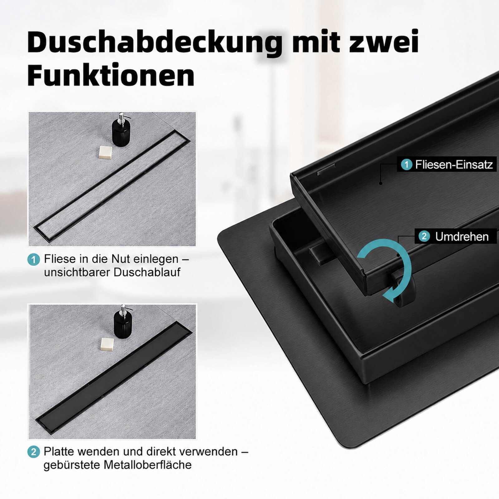 SaniteModar Duschrinne Schwarz Befliesbar Duschrinne extra flach, Edelstahl Bodenablauf, 1-St., 2-in-1 Wendbare Duschrinne, 60 cm – Bild 5 von 5