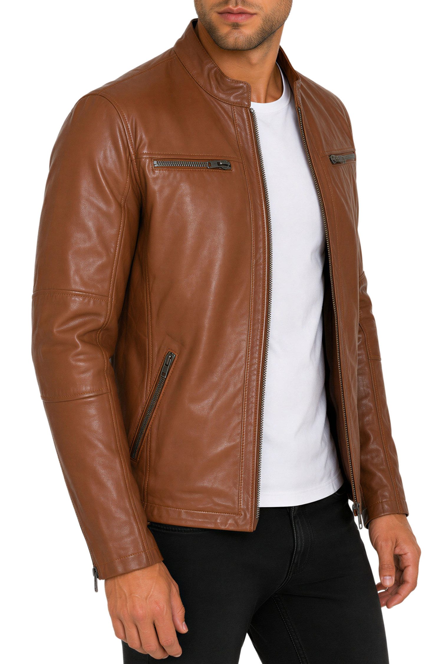 Reichstadt Lederjacke Herren Slim Fit Bikerjacke Silver Zipper 20RS20LUX Reißverschluss an den Ärmelenden – Bild 5 von 5