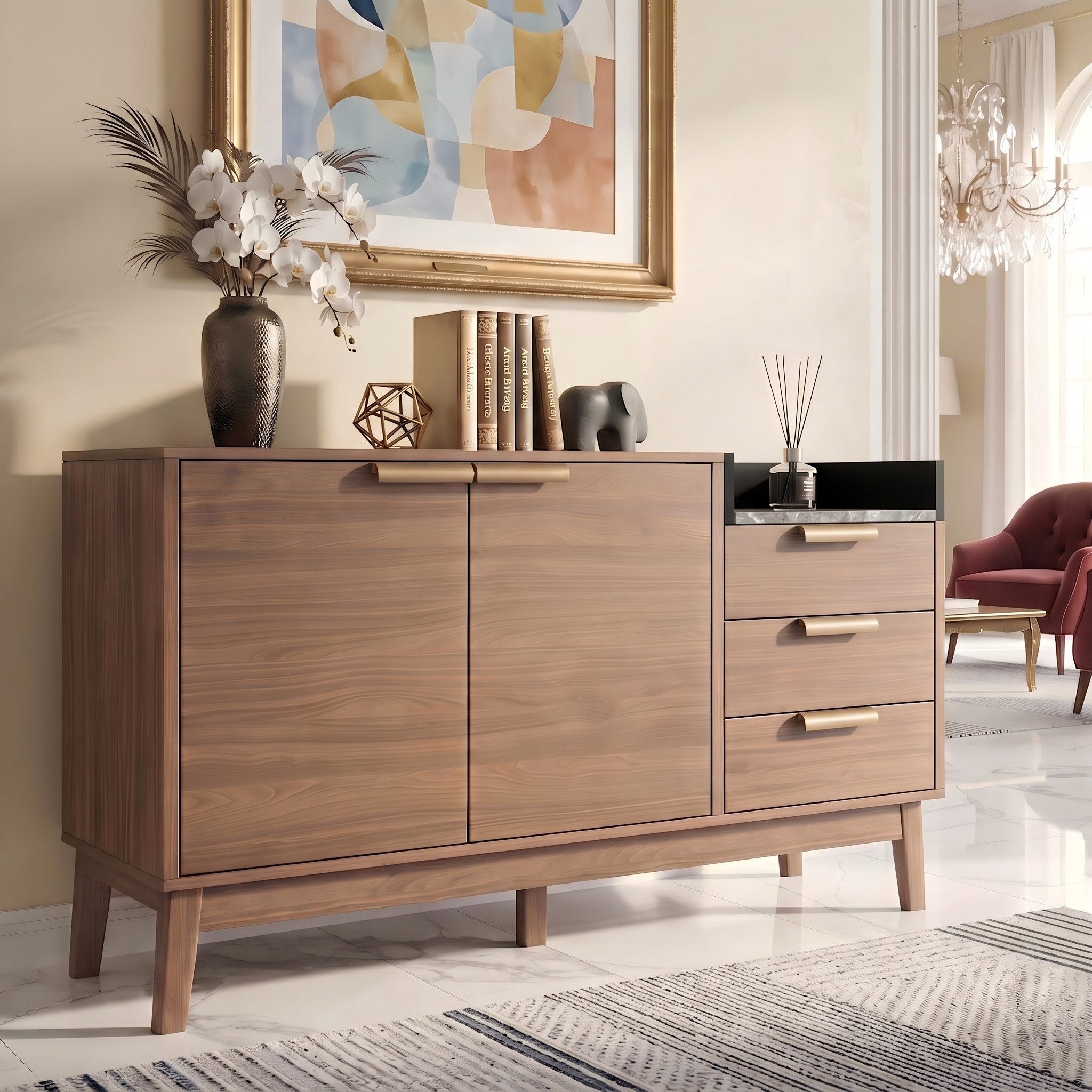 Totnz Sideboard Kommode mit 3 Schubladen, Doppeltür, höhenverstellbaren Einlegeböden (Eichenholz-Optik mit Marmorstruktur, Massivholzbeinen), Aufbewahrungsschrank für Wohnzimmer und Flur