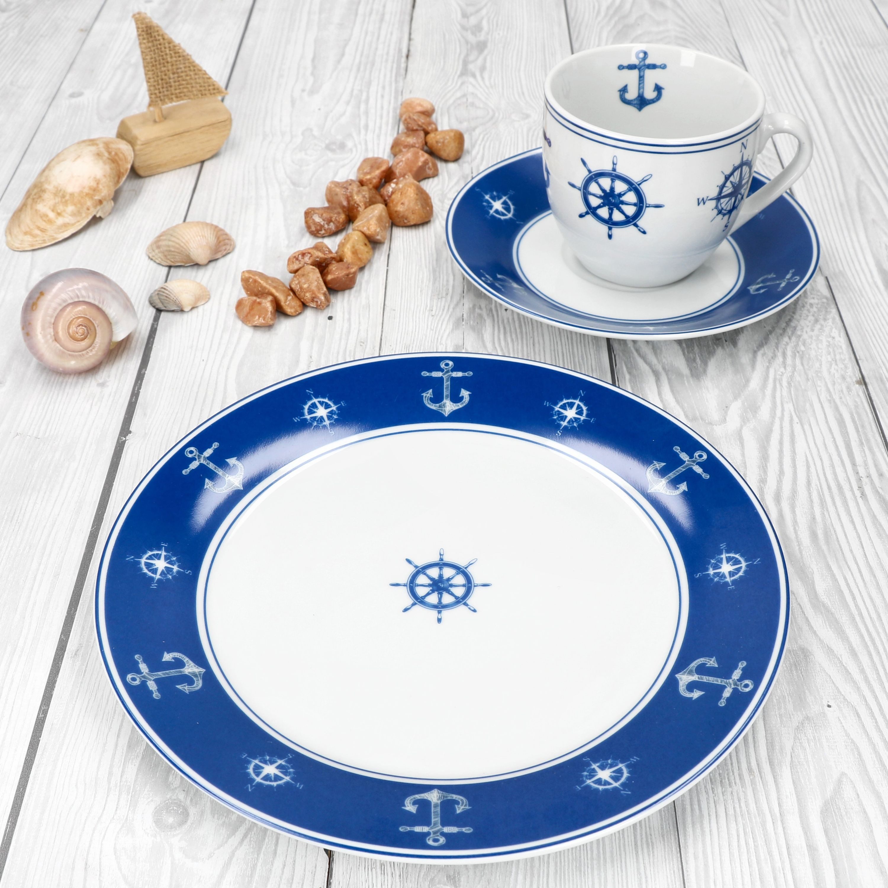 MamboCat Kaffeeservice Ahoi 18tlg Kaffeeservice Porzellan 6Pers Tasse Teller Anker nautisch, Porzellan