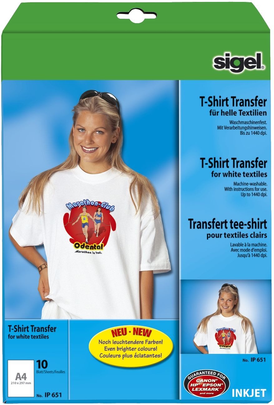 Sigel Dekorationsfolie InkJet Transfer Folien für T-Shirts, für helle Textilien, 10 Folien