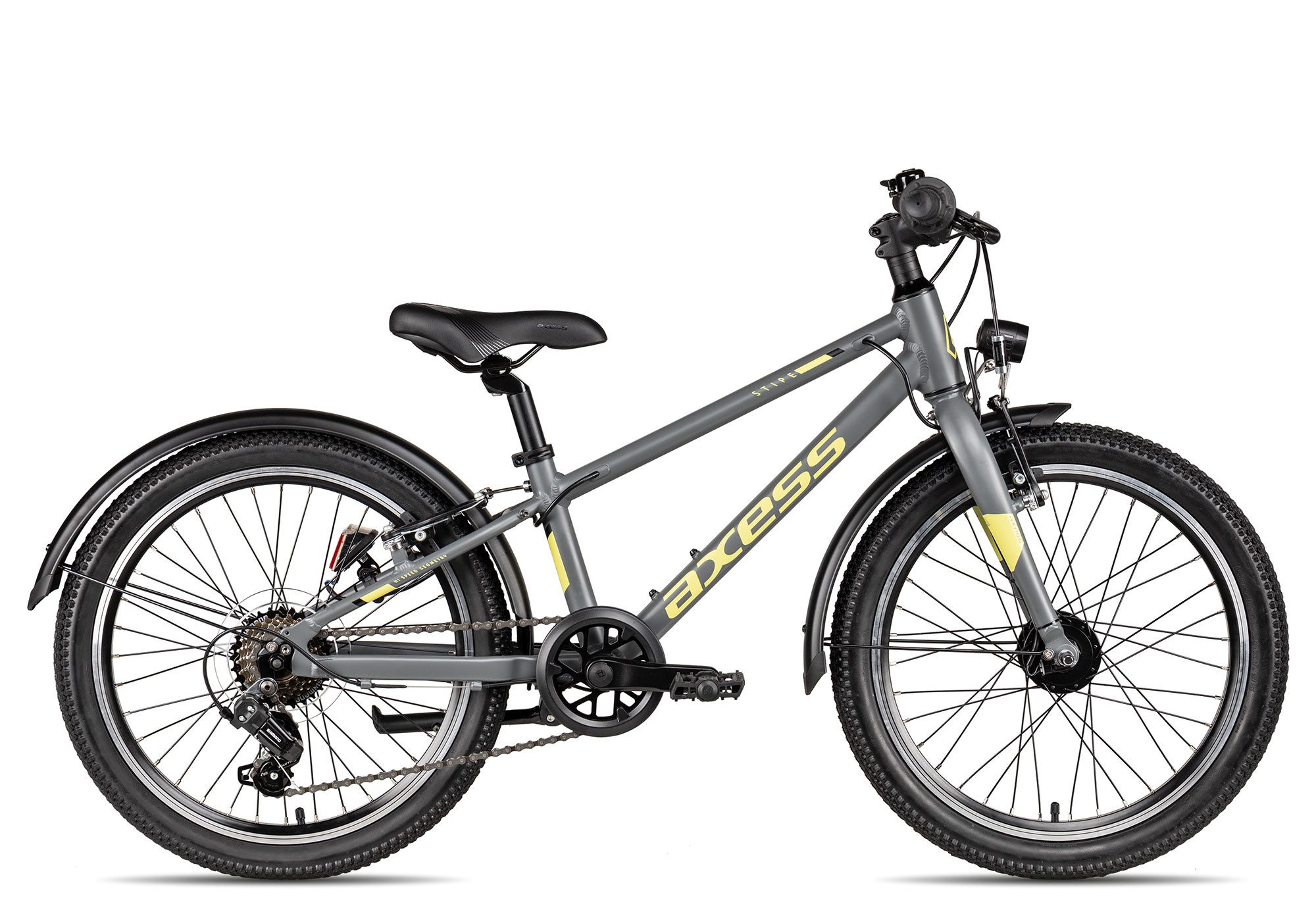 Axess Kinderfahrrad Stipe 20 Street, 7 Gang Shimano Tourney RD-TY202 Schaltwerk, Kettenschaltung, Straßenausstattung schwarz/grau