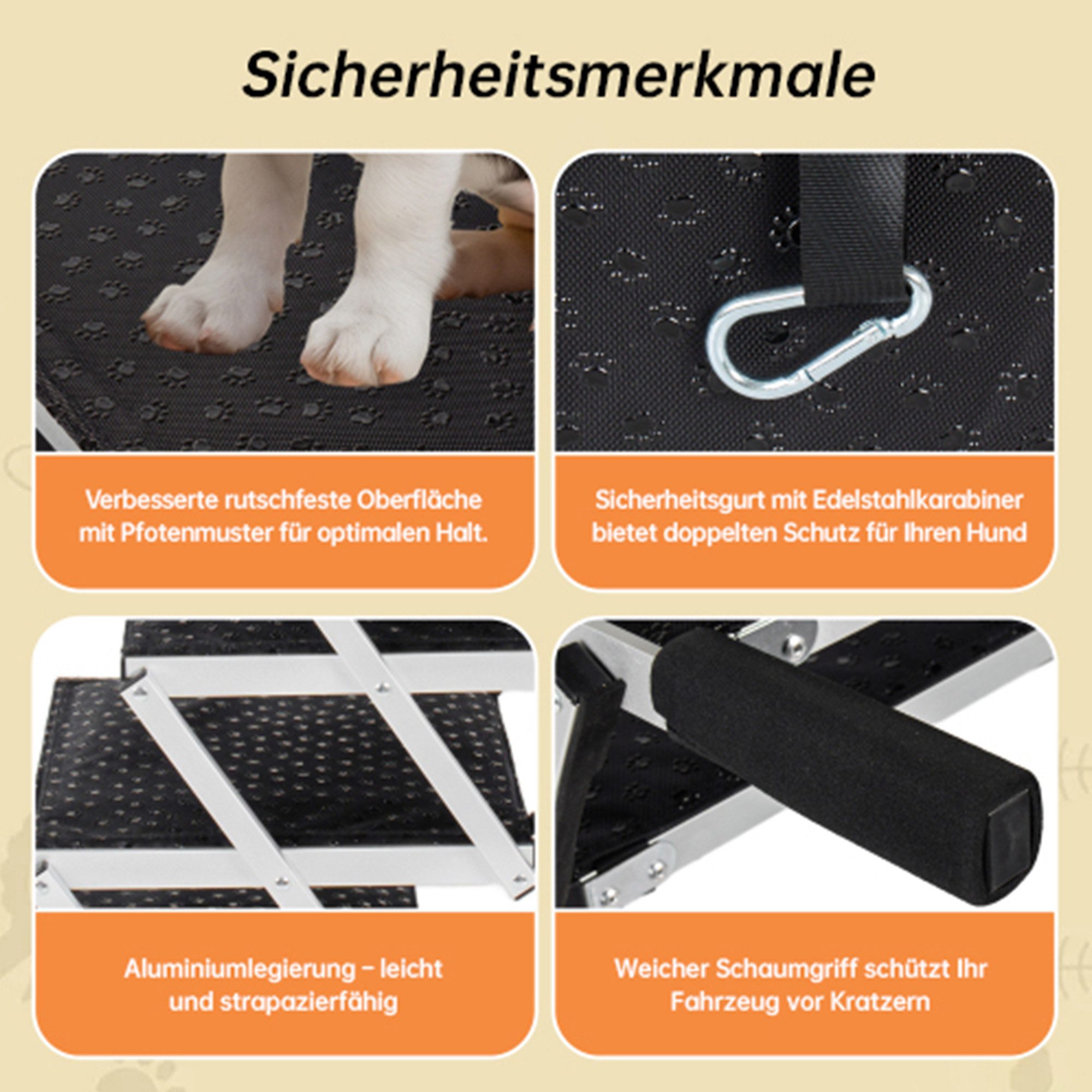 i@home Hunderampe Klappbare Extra breite/Aluminium-Hunderampe mit 5 Stufen, rutschfeste Oberfläche & weicher Schaumstoffgriff belastbar bis 110 kg