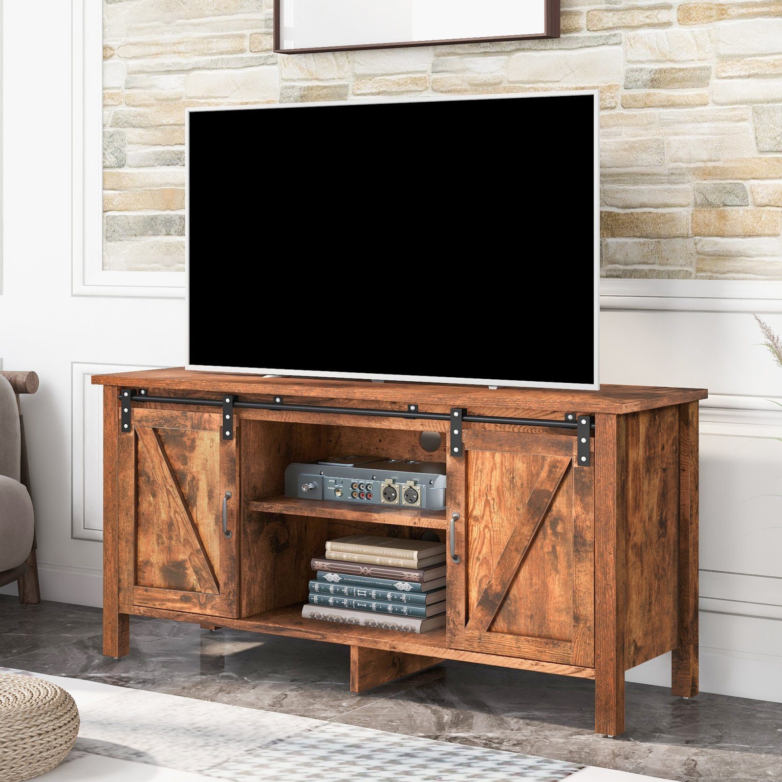 SEEZSSA TV-Schrank TV-Ständer, Sideboard Verstellbare mit und 2 Ablage Vintage Schiebetüren Aufbewahrungsschrank Holz, Küchenschrank, Beistellschrank