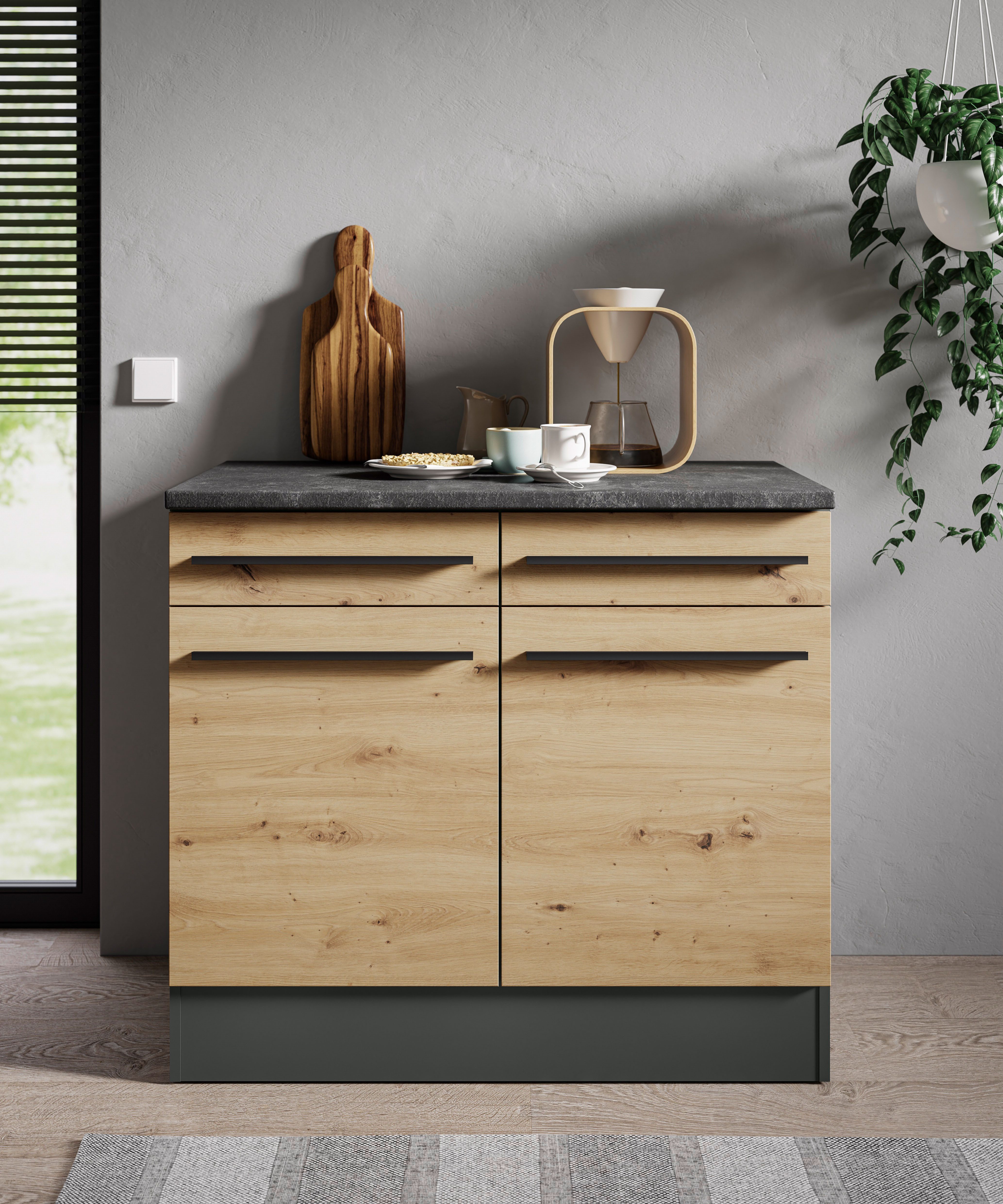 BASIC by Balculina Unterschrank Jazz 100er Unterschrank, Küschenschrank BxHxT 100x90x60 cm (1-St) Unterschrank mit 2 Türen, 2 Schubkästen und 2 Einlegeböden