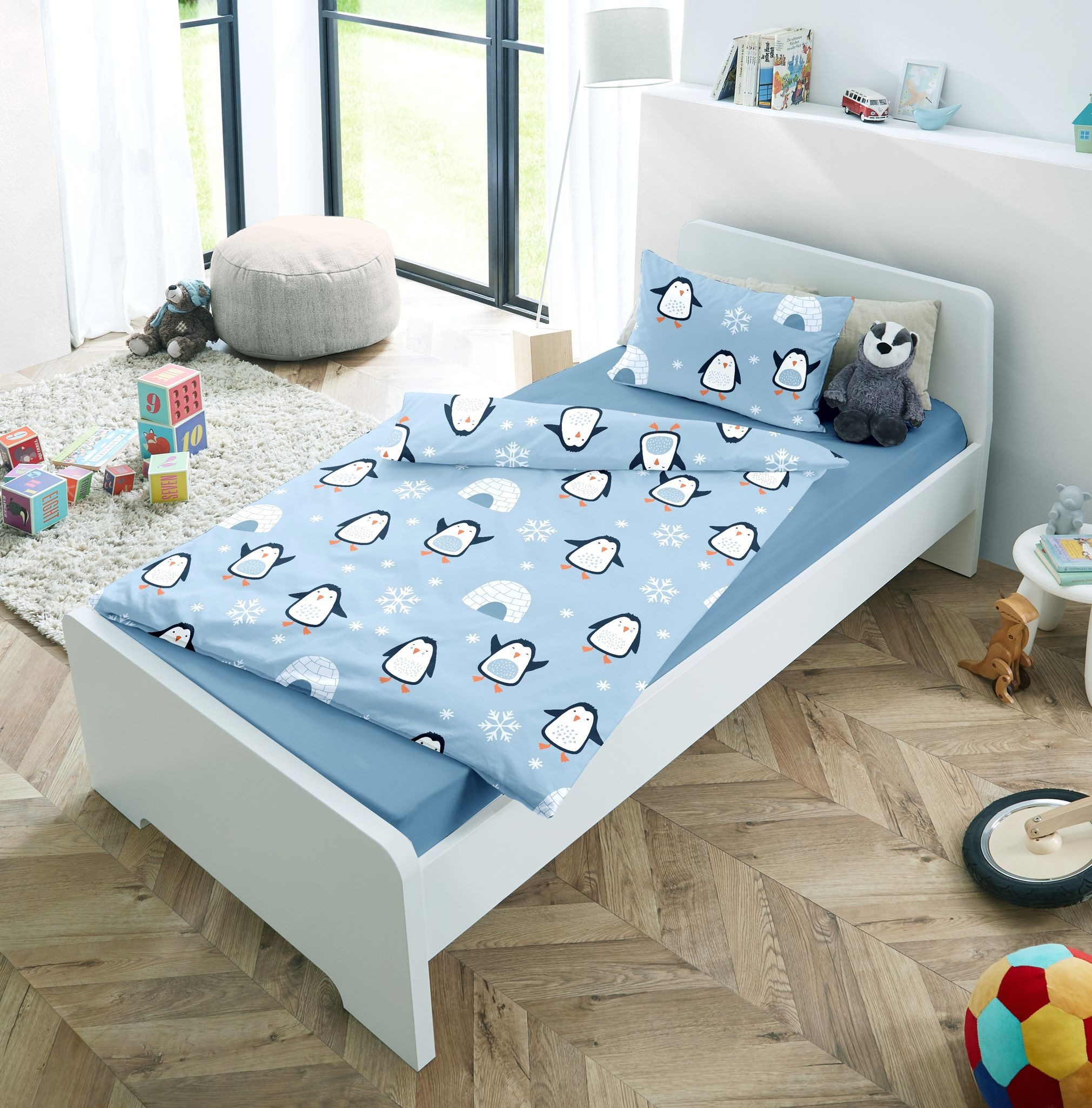 JACK Babybettwäsche 100x135cm Pinguin Iglu Nordpol Blau, Biber, 2 teilig, s günstig online kaufen