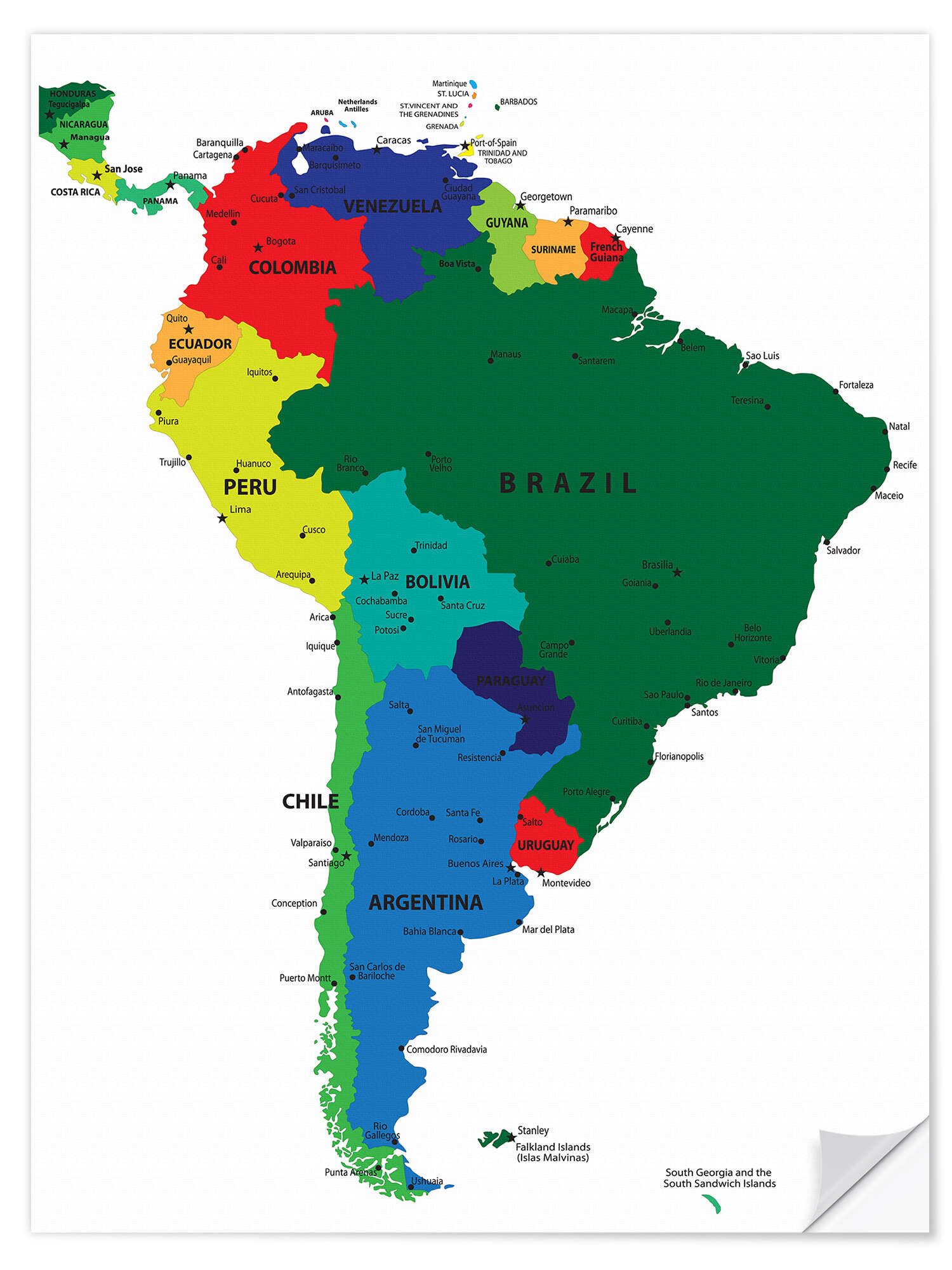 Posterlounge Wandfolie Editors Choice, Südamerika – Politische Karte (Englisch), Klassenzimmer Illustration