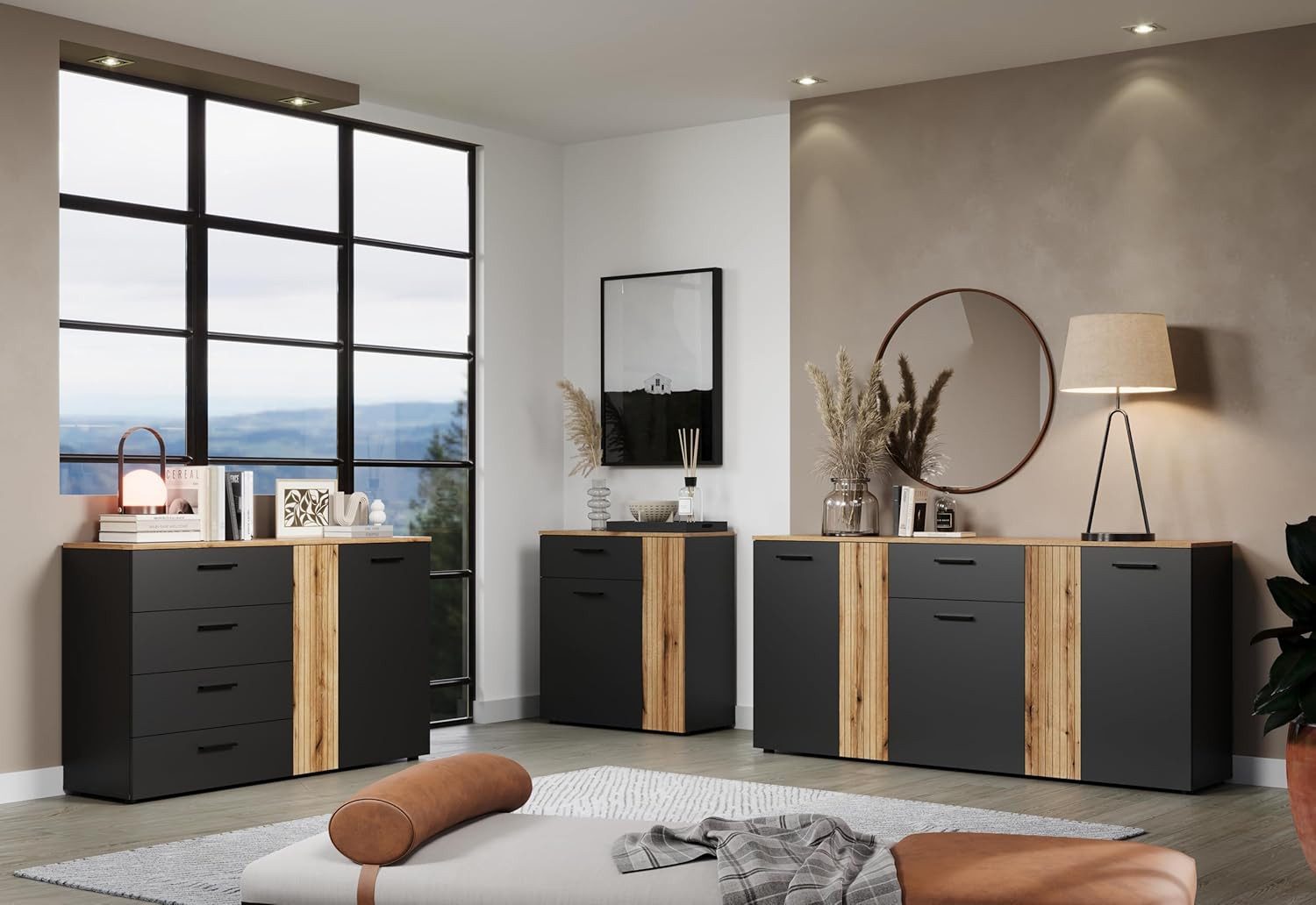trendteam smart living - Otis - Comò - Rovere/Grigio opaco - Armadio con anta fresata verticale - 83 x 96 x 38 cm - Cassettiera in stile rustico - Base