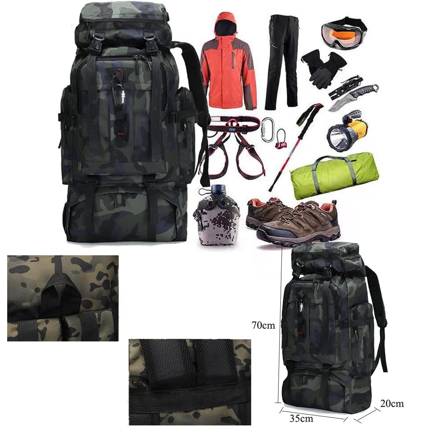 OKWISH Wanderrucksack Reiserucksack Sportrucksack Rucksäcke Taktischer Rucksack Wasserdicht (80L Camping Outdoor leicht Trekkingrucksack, 1-tlg., verstellbarer  – Bild 2 von 5
