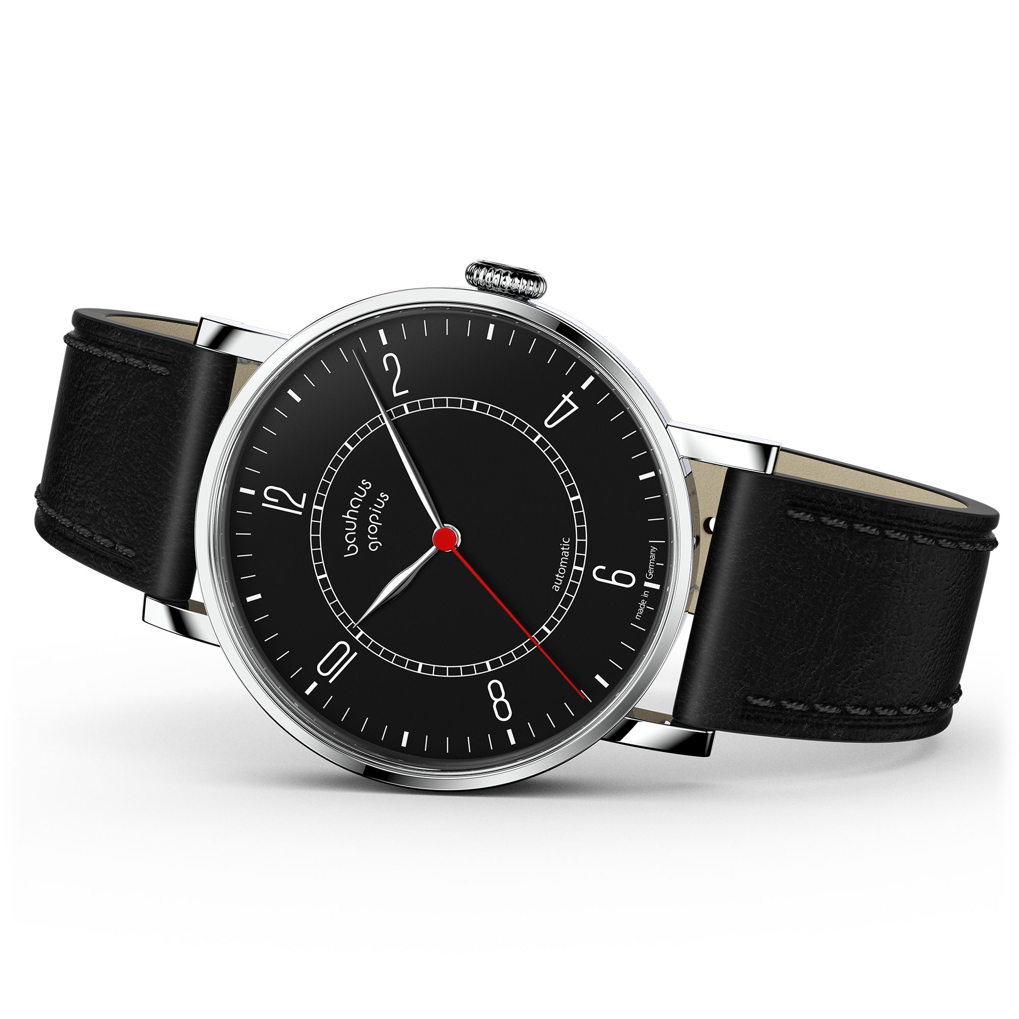 Walter Gropius Automatikuhr Made in Germany, Damenuhr, Herrenuhr, Unisex, Saphirglas - WGNA 001-03 New Bauhaus Automatik, Armbanduhr, Lederarmband, Edelstahlgehäuse, Mechanisch, Uhr, Schwarz