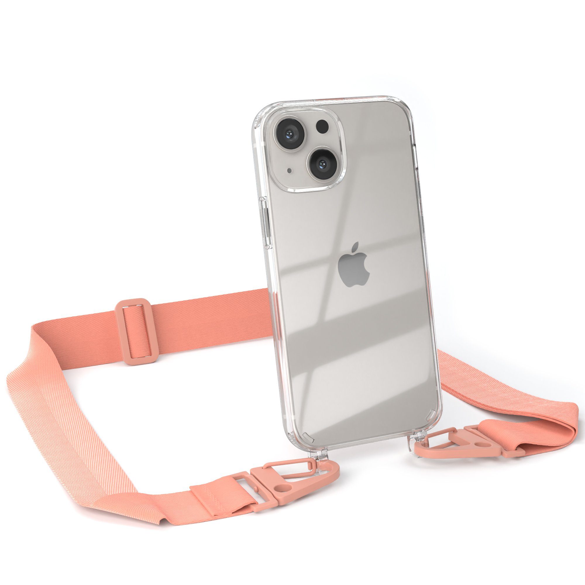 EAZY CASE Handykette Silikon Kette Karabiner für Apple iPhone 13 Mini 5,4 Zoll, Silicon Handyhülle mit breiter Kette Carabiner Necklace Altrosa Coral
