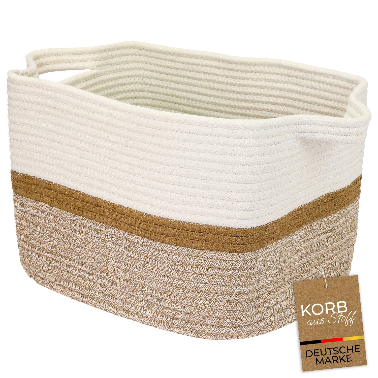 HMF Aufbewahrungskorb Aufbewahrungskorb mit verlängerten Griffen, Korb aus Baumwolle, 36 x 30 x 25 cm, Weiß-Braun