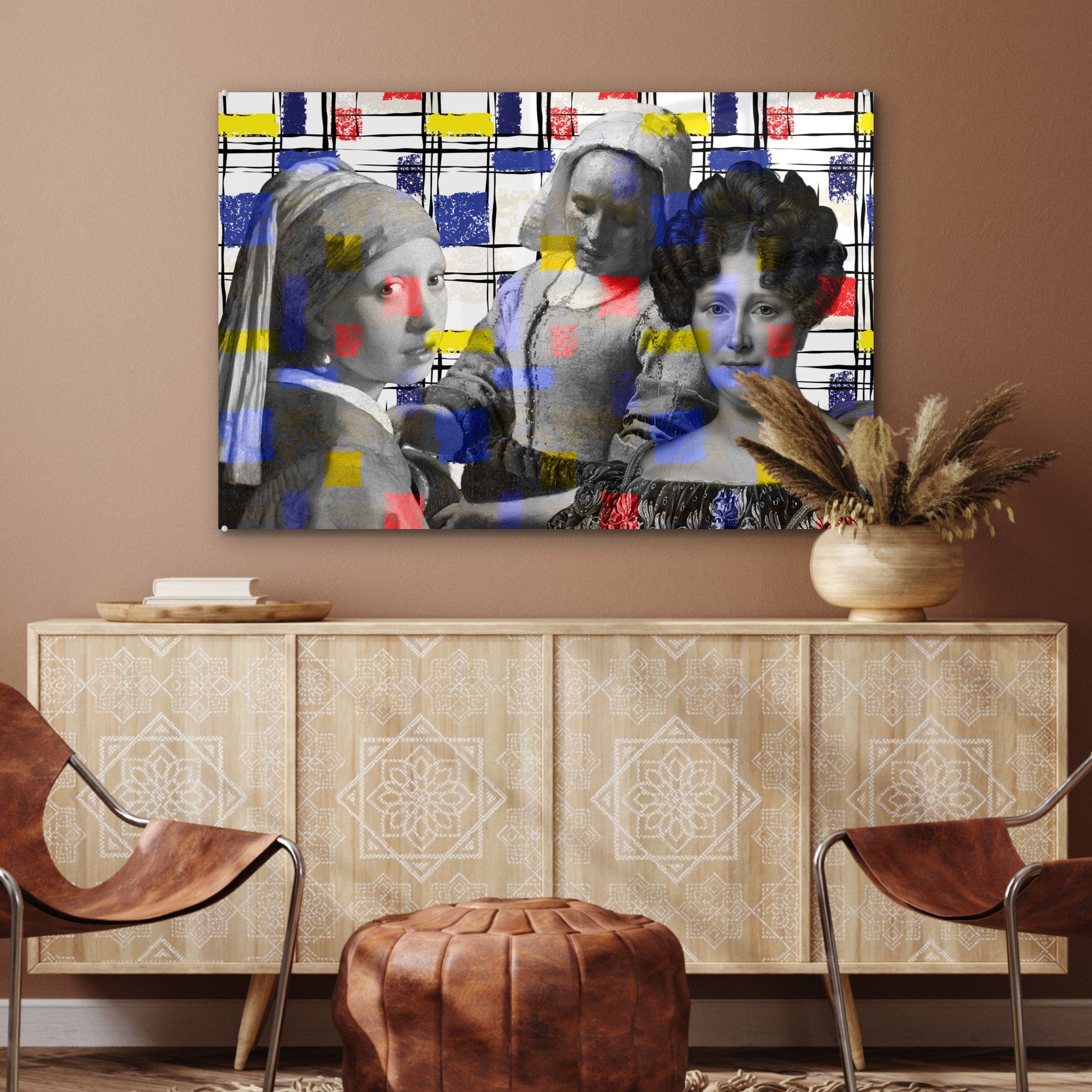 MuchoWow Acrylglasbild Collage - Mondrian Acrylglasbilder bunt Schlafzimmer - (1 St), Gemälde, Wohnzimmer &