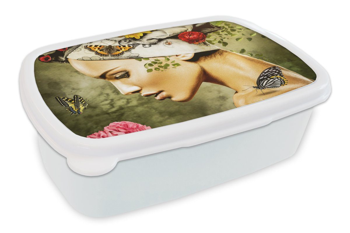MuchoWow Lunchbox Frau - Blumen - Farben - Schmetterlinge - Rosen - Kopftuch, Kunststoff, (2-tlg), Brotbox für Kinder und Erwachsene, Brotdose, für Jungs und Mädchen weiß