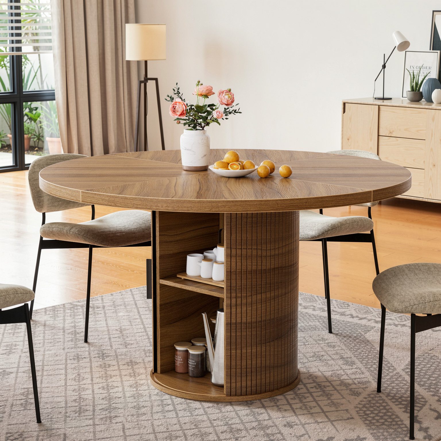 TWSOUL Esstisch Runder mit Schiebetüren und Stauraum, Rillenstruktur, für 4 Personen, 100CM, Bis 150kg, Stabil Esszimmertisch Holz für Esszimmer Wohnzimmer