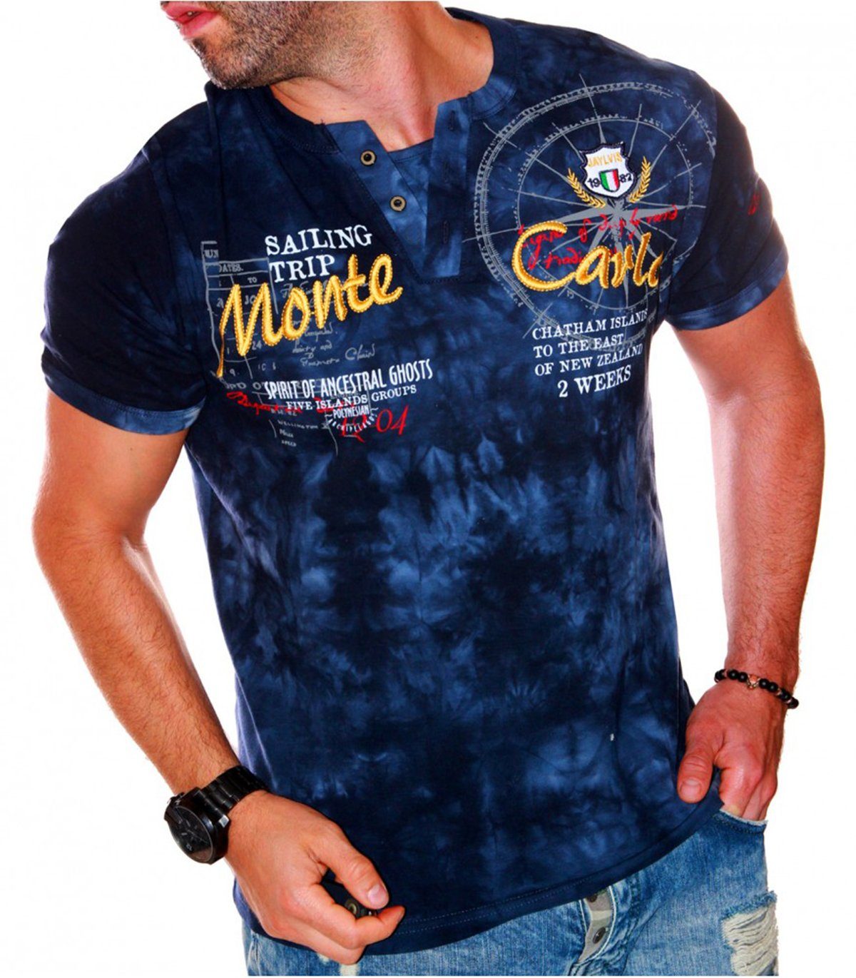 Jaylvis T-Shirt Sommer V-Kragen Freizeit Kurzarm Shirt Navy (2276)