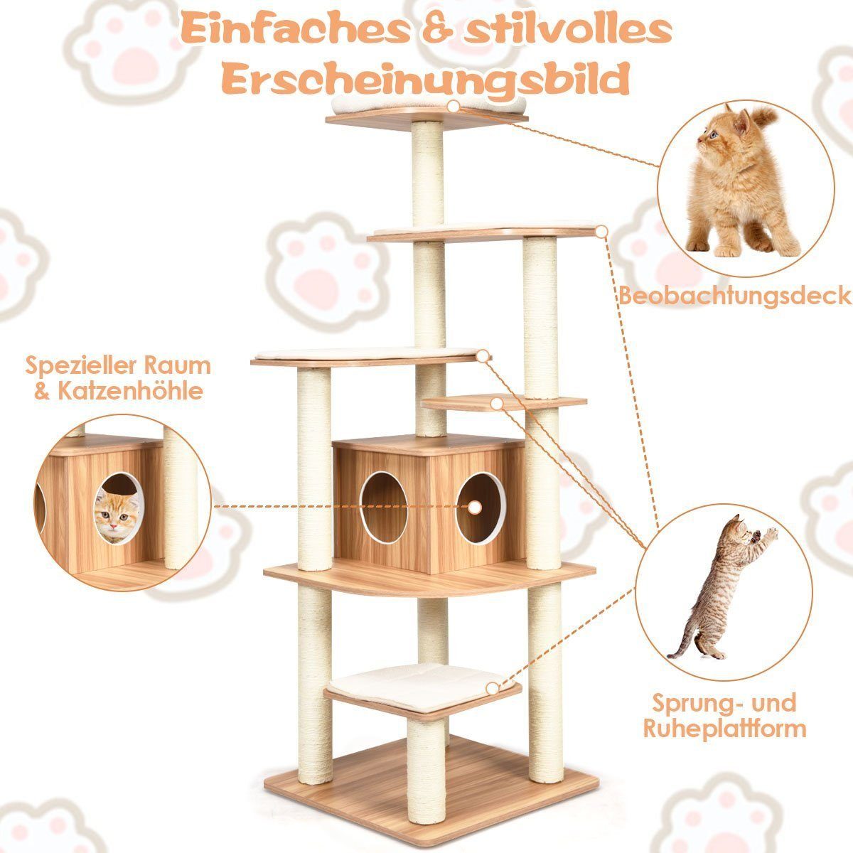 COSTWAY Kratzbaum Katzenbaum, XXL 175 x 86,5 x 86,5 cm, 6-stufig mit 1 Höhle & 5 Matten