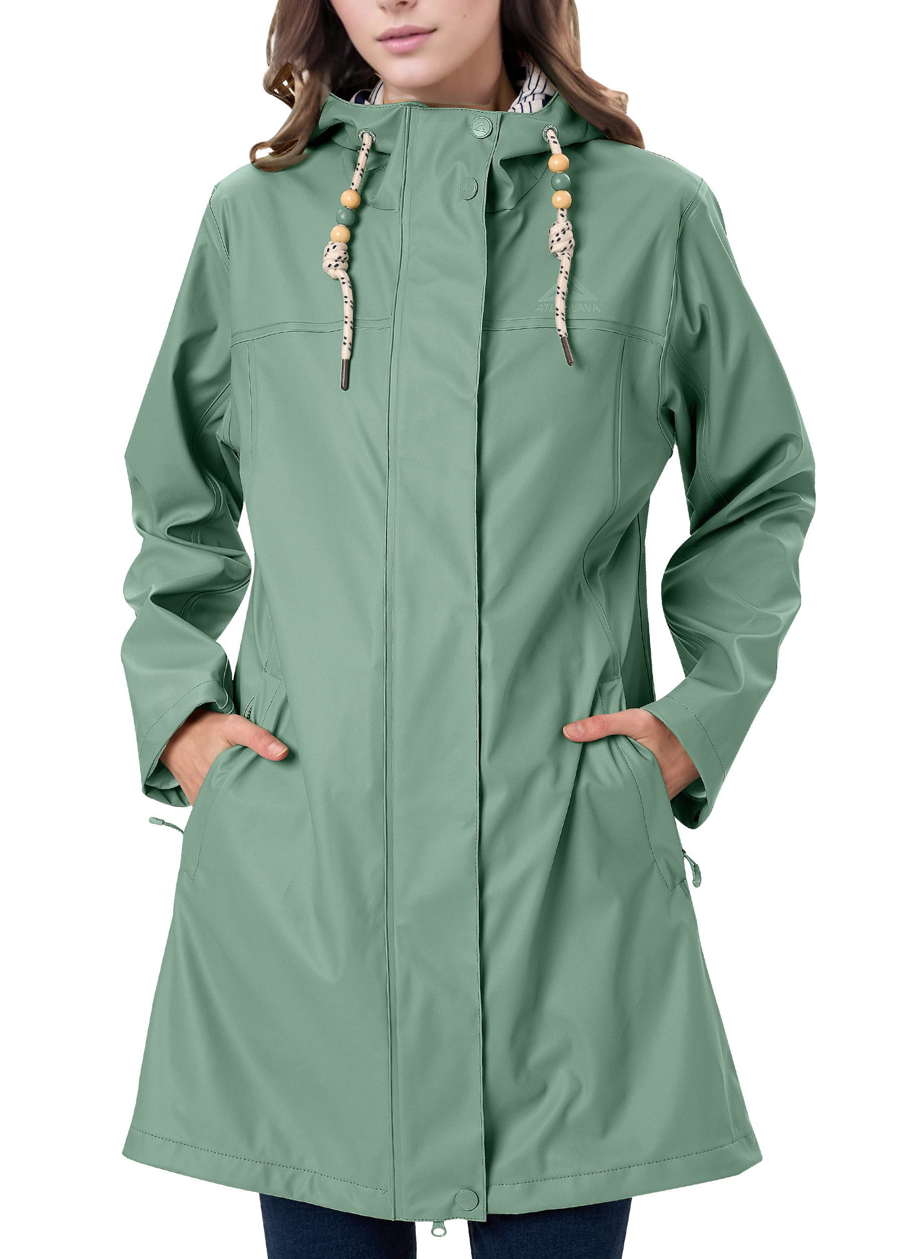 ATLASLAVA Regenmantel Damen Übergangsjacke PU Wasserdicht (1-tlg) Frauen Regenjacke Lang Parka Regenparka mit Kapuze Outdoor