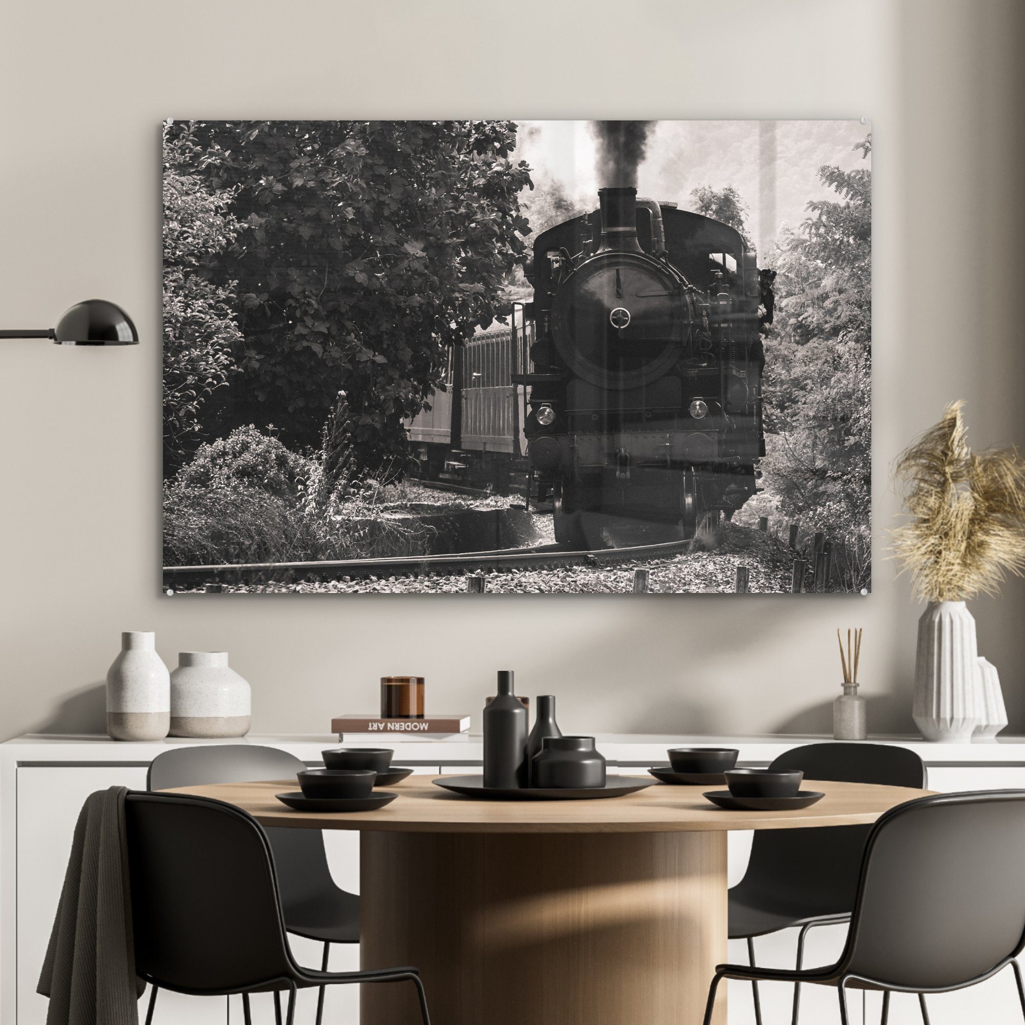 MuchoWow eines Schlafzimmer Italien, in & Dampfzuges St), (1 Wohnzimmer Acrylglasbilder Schwarz-Weiß-Foto Acrylglasbild