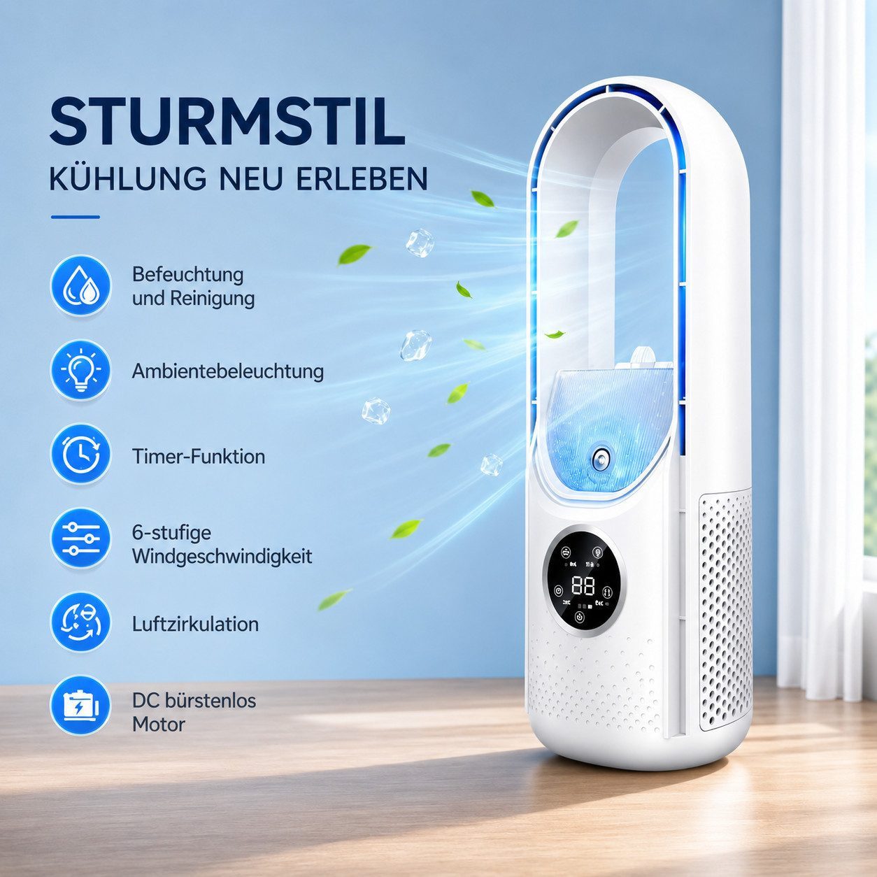 MOPUEA Turmventilator Verstellbarer Tischventilator mit 6 Geschwindigkeiten, Schnelle Kühlung, Leiser Betrieb, Tragbarer Flügelloser Ventilator