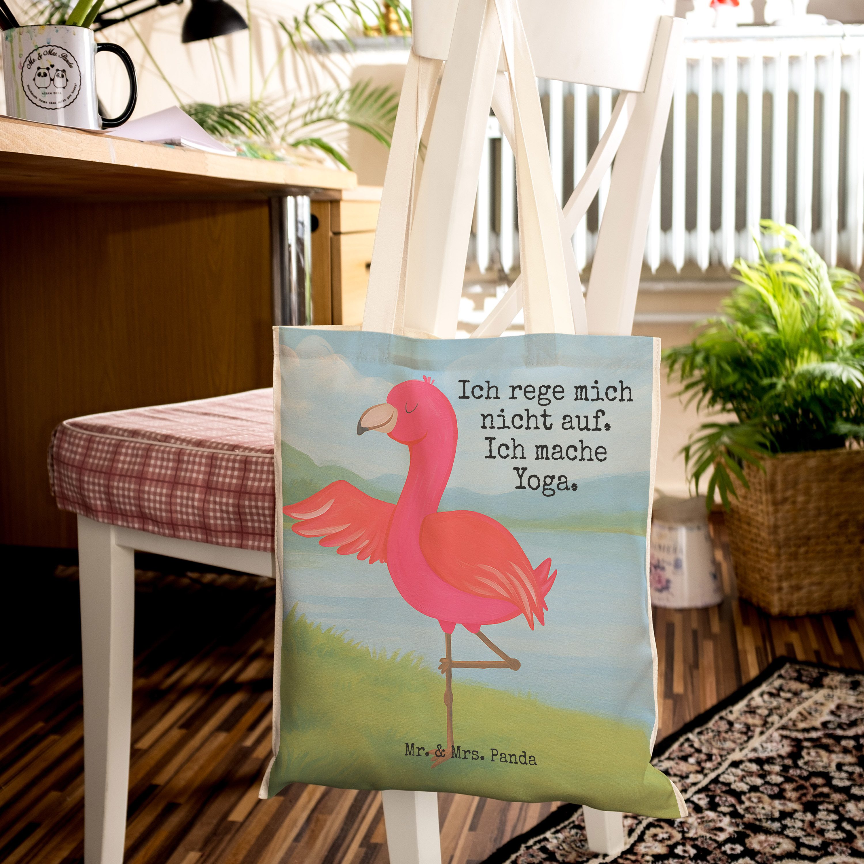 Mr. & Mrs. Panda Tragetasche Flamingo Yoga Design, Einkaufstasche, Weiß, Beuteltasche, Tasche, Bau (Packung), Entspannung Vogel Yogi