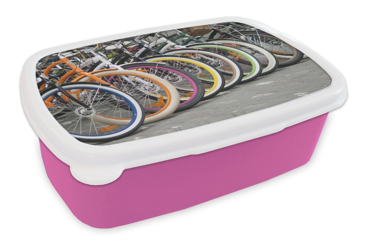 MuchoWow Lunchbox Mehrere bunte Fahrräder, Kunststoff, (2-tlg), Brotbox für Erwachsene, Brotdose Kinder, Snackbox, Mädchen, Kunststoff rosa