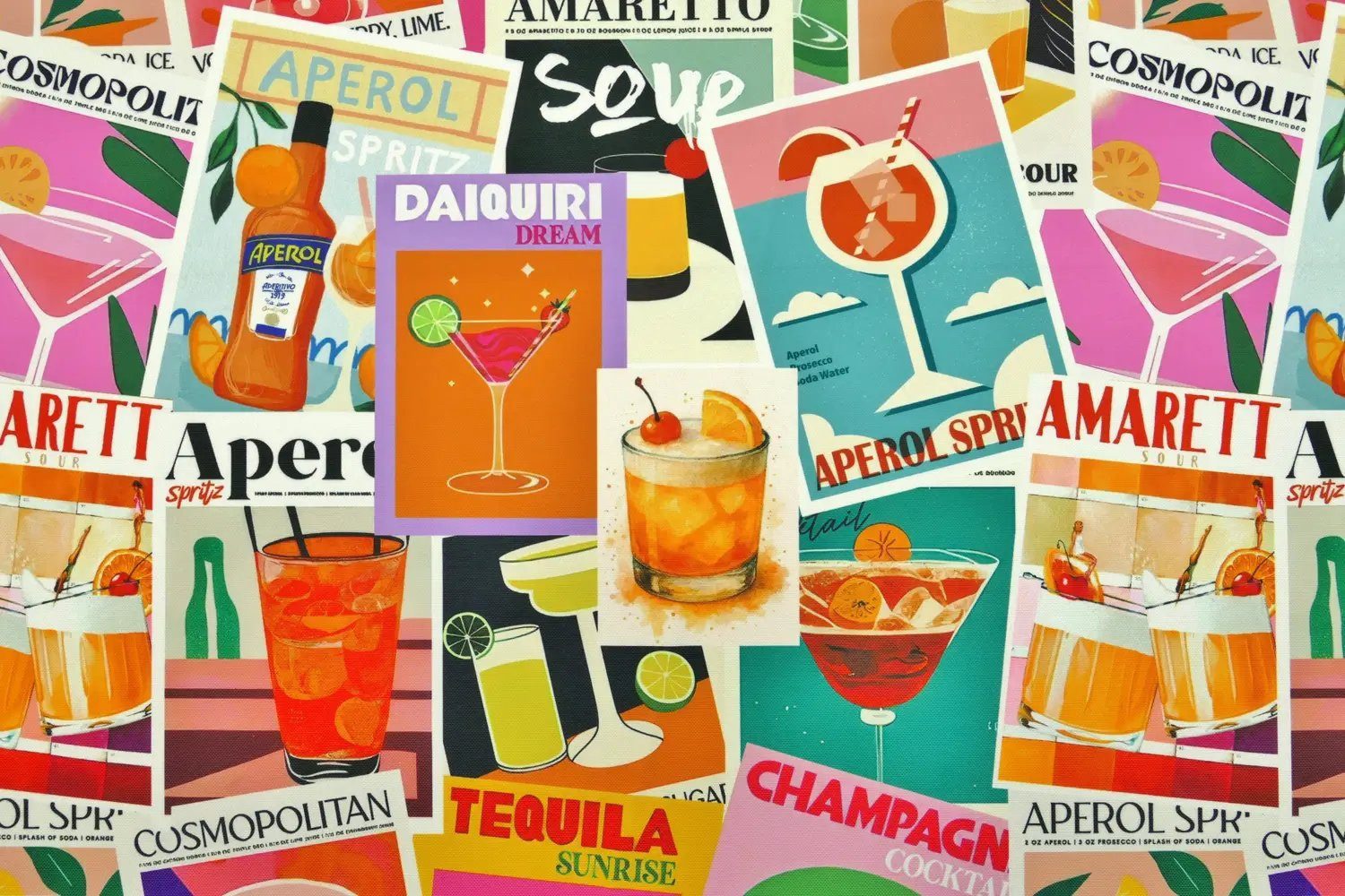 Stofferia Stoff Dekostoff Baumwolle Sommer Cocktails Ecru, Meterware