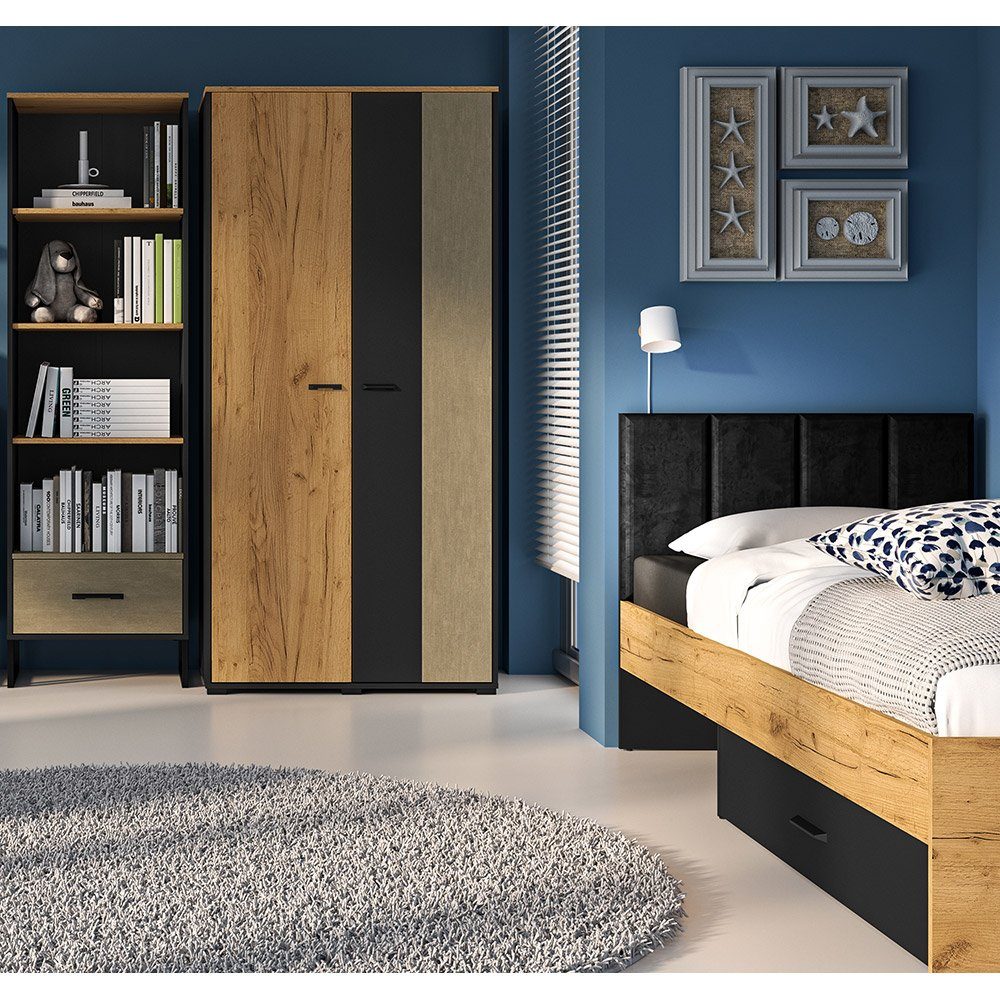Lomadox Jugendzimmer-Set CASPER-131, (Sparset, Bett mit in 90x200cm 3-tlg), schwarz/Eiche/sandfarben