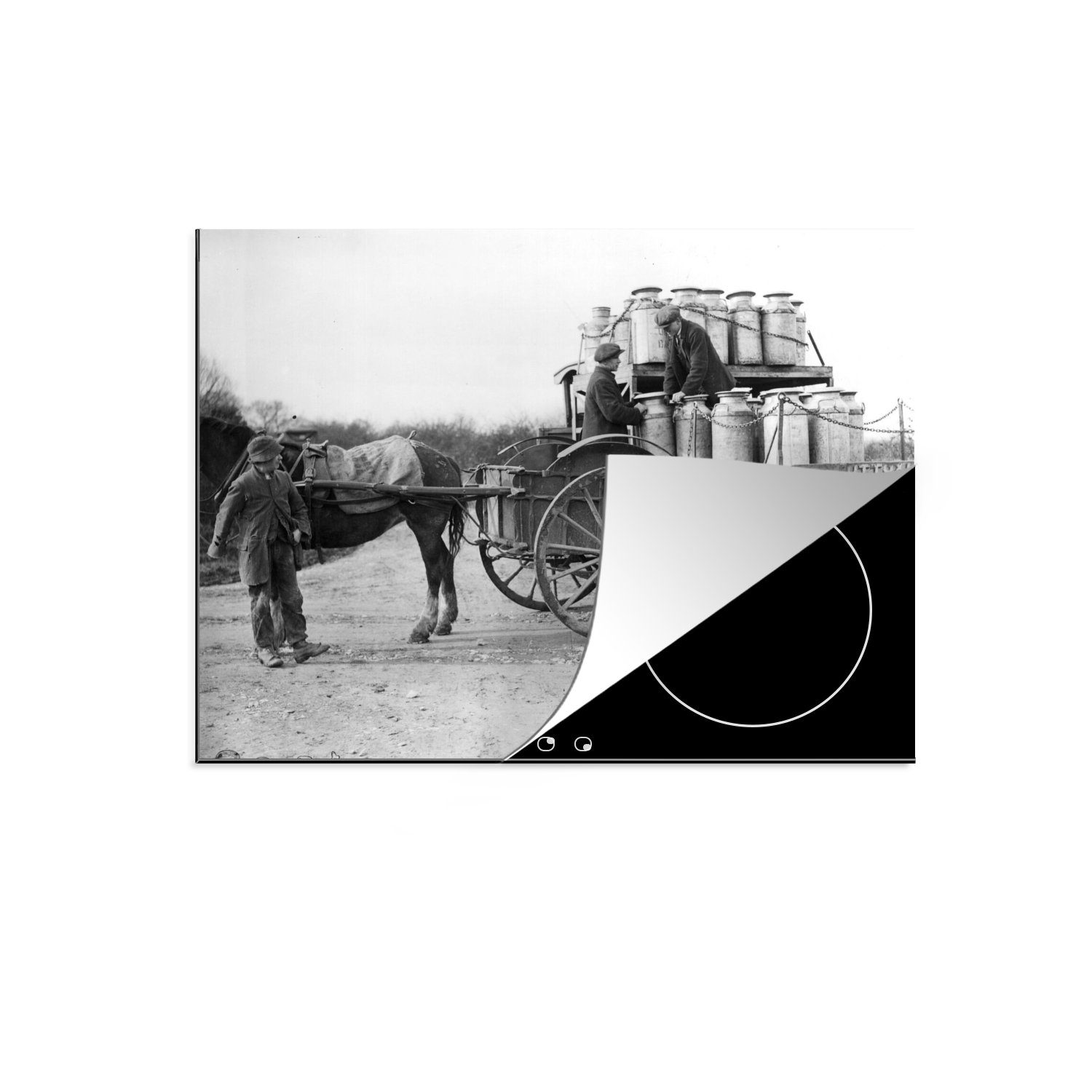 MuchoWow Herdblende-/Abdeckplatte Pferd - Kutsche - Milch, Vinyl, (1 tlg), 70x52 cm, Mobile Arbeitsfläche nutzbar, Ceranfeldabdeckung