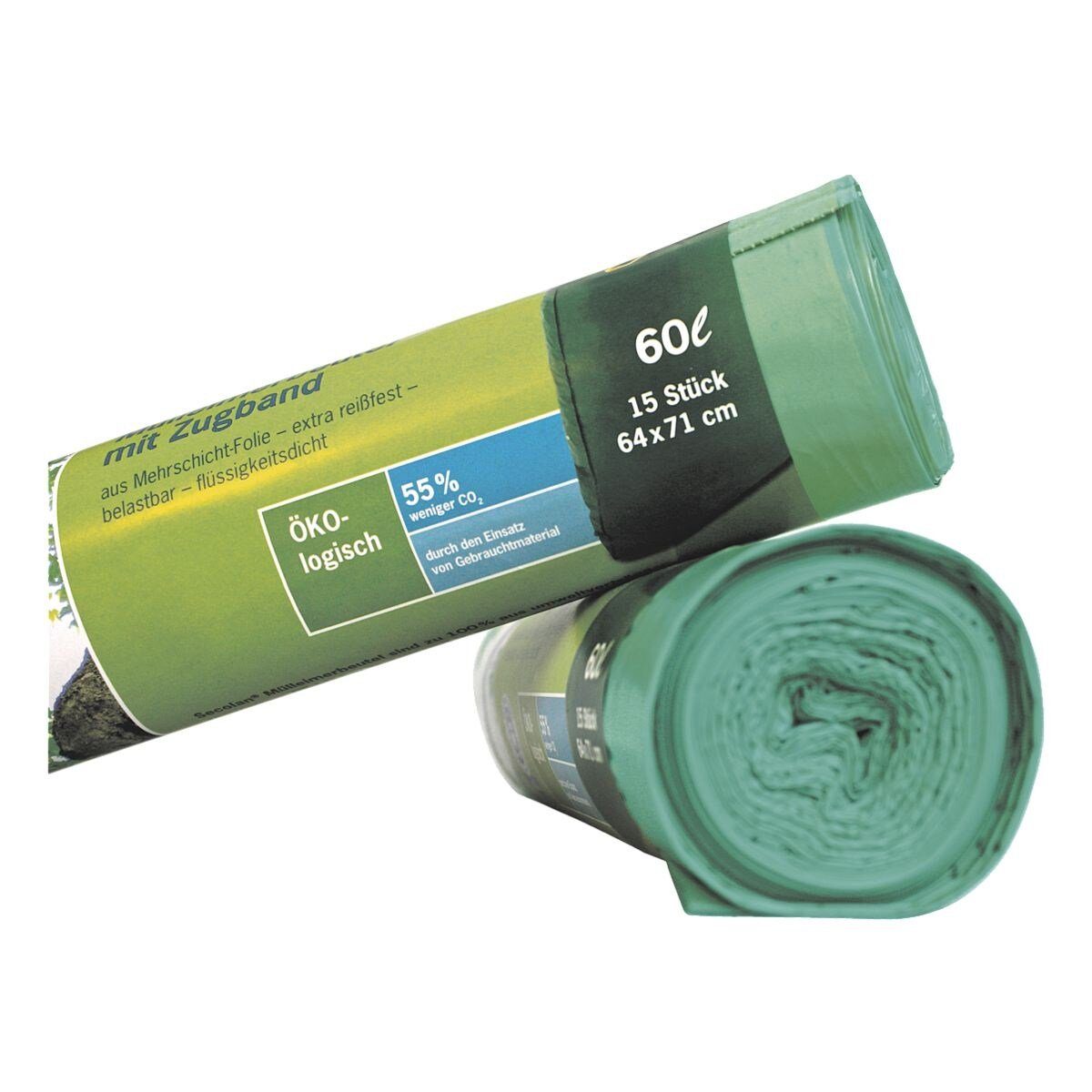 Liter, Zugband, Recycling-Material 100% 15 SECOLAN mit Stück/Rolle, grün, Müllbeutel, 60