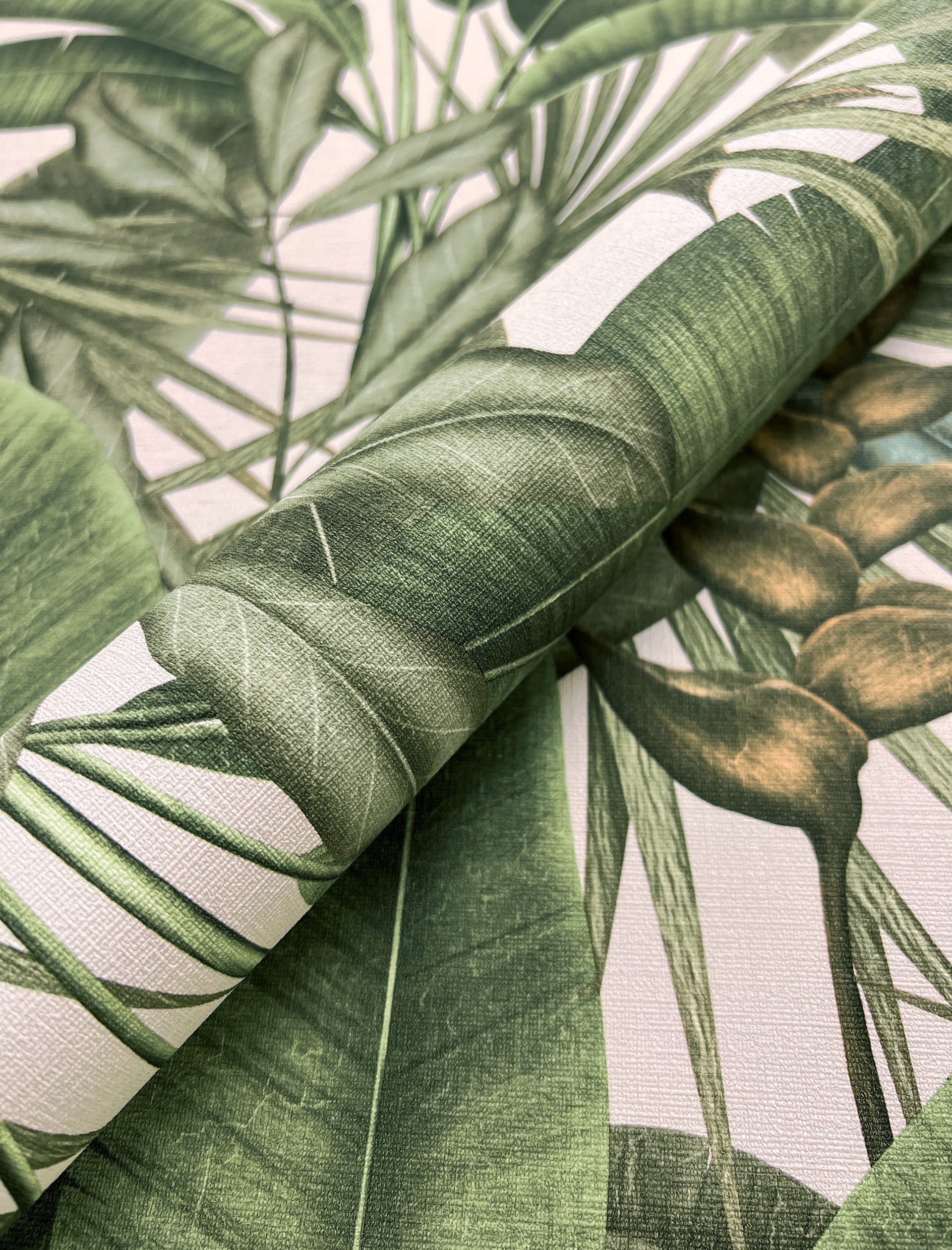 Newroom Vliestapete Bamba Green Tapete Mustertapete Dschungel,Palmen,Blätter, Grün Tapete Modern Dschungel - Mustertapete Blumentapete Weiß Tropisch Floral Palm – Bild 2 von 4