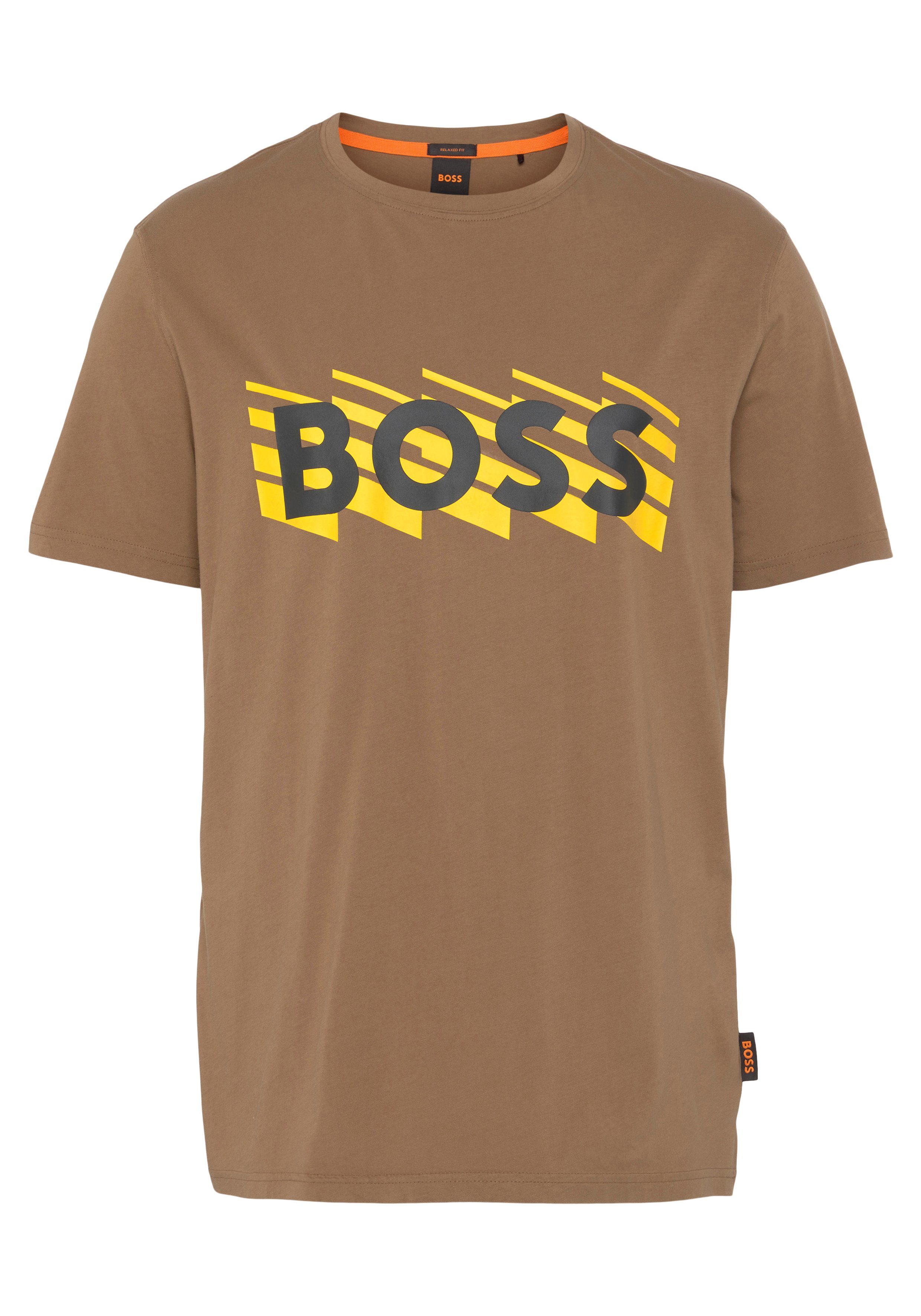 ORANGE auf BOSS Markenlabel der BOSS Beige TeeBOSSRete T-Shirt ORANGE Brust mit