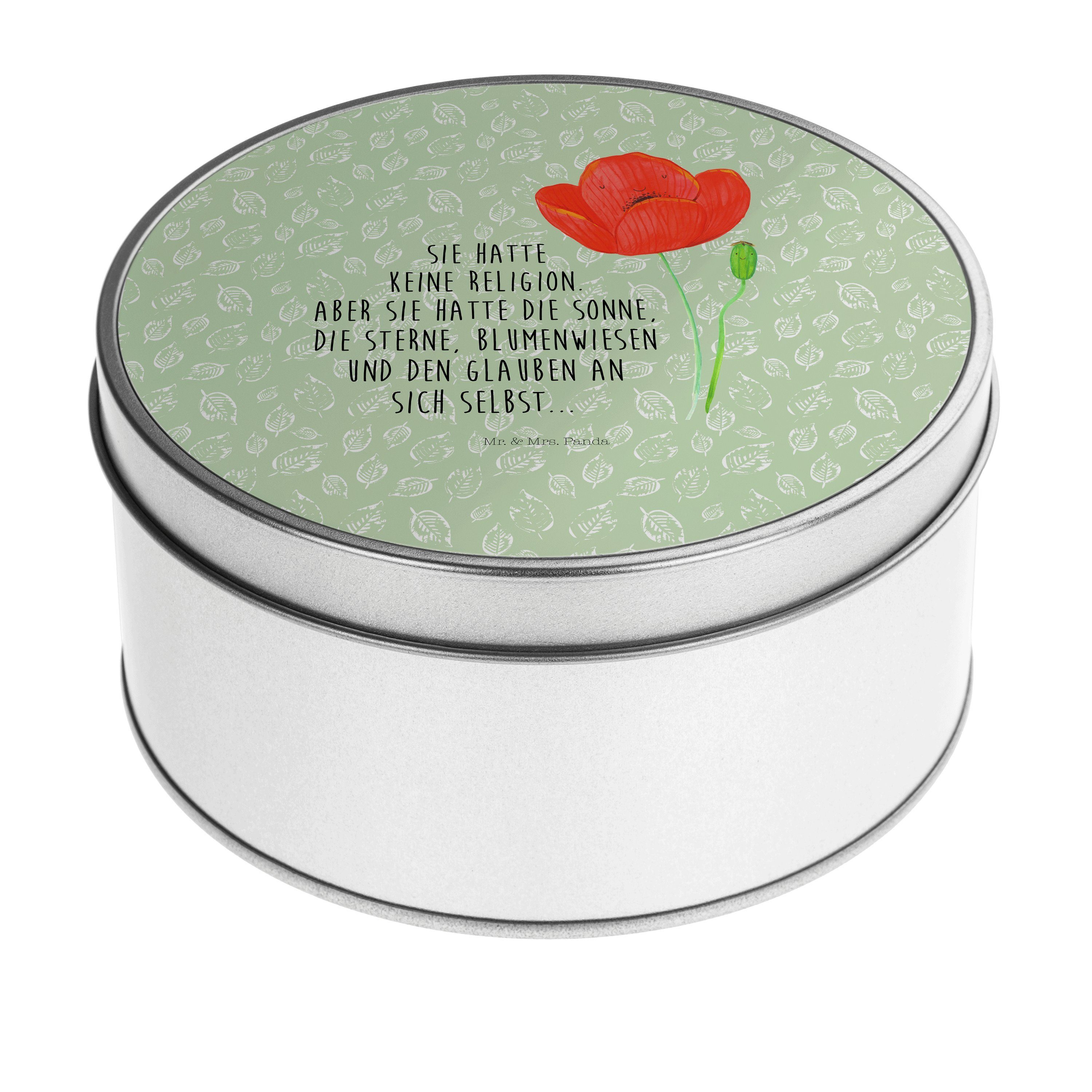 Mr. & Mrs. Panda Aufbewahrungsdose Blume Mohnblume - Blattgrün - Geschenk, Keksdose, Metalldose, Vorrats (1 St), Hochwertige Qualität