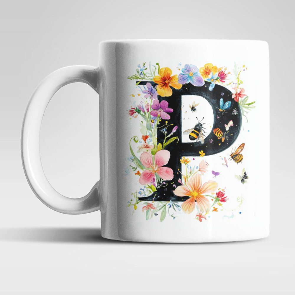 WS-Trend Tasse Name A bis Z und 0 bis 9 Blumen Bienen Kaffeetasse Teetasse Geschenk, Keramik