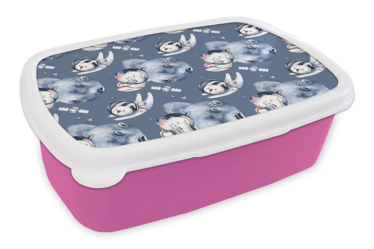 MuchoWow Lunchbox Elefant - Kaninchen - Muster - Raumfahrt - Jungen - Mädchen - Kinder, Kunststoff, (2-tlg), Brotbox für Erwachsene, Brotdose Kinder, Snackbox, Mädchen, Kunststoff rosa
