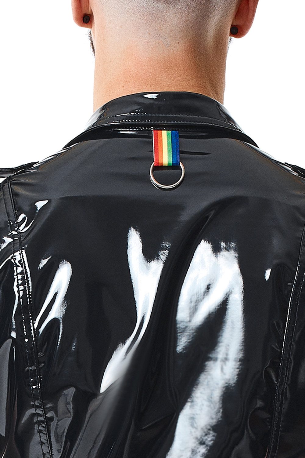 Regnes Fetish Planet T-Shirt Herren T-Shirt schwarz glänzend elastisch mit Stehkragen Taschen